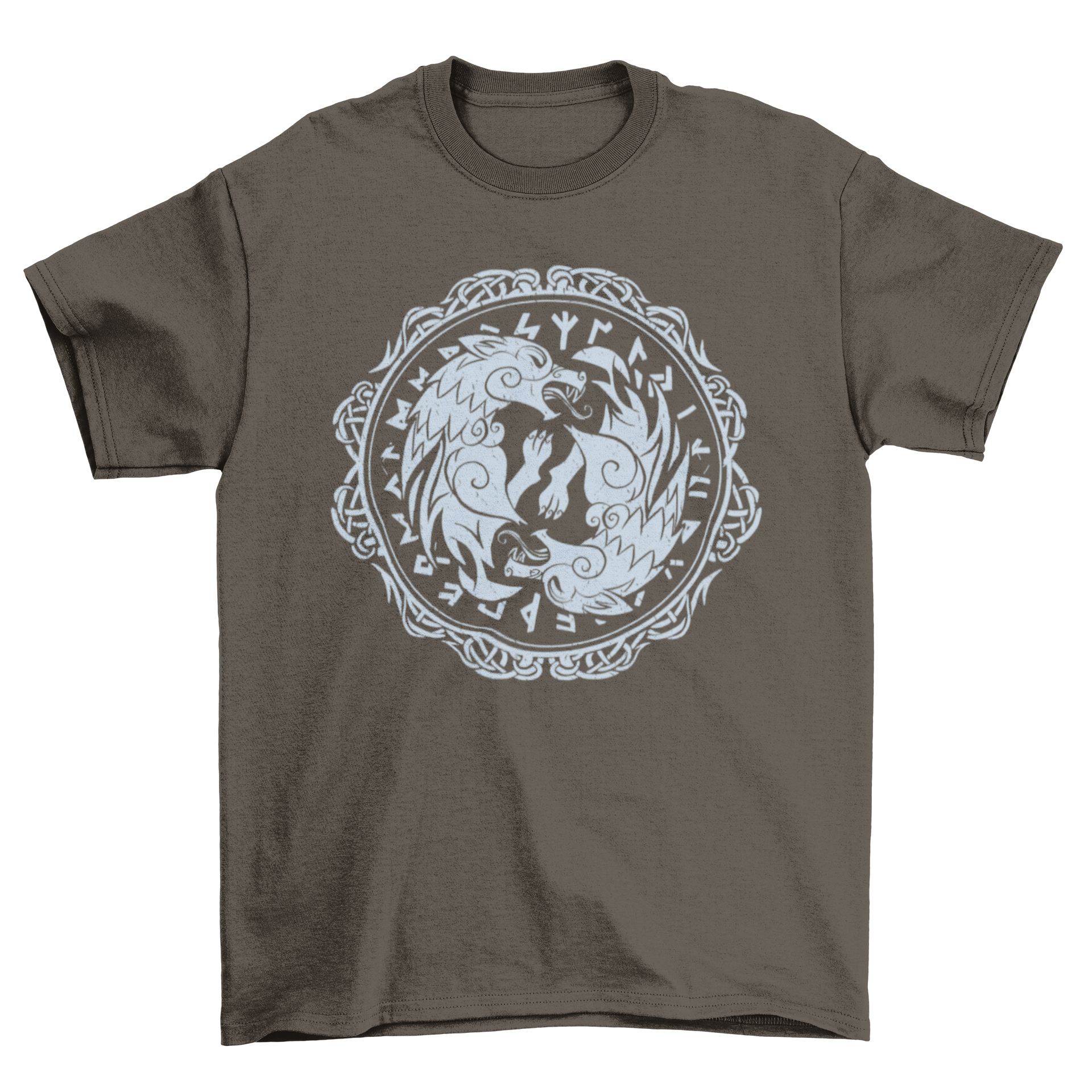 A stylish t-shirt featuring two wolves designed in Viking runes style, showcasing intricate details and cultural significance.