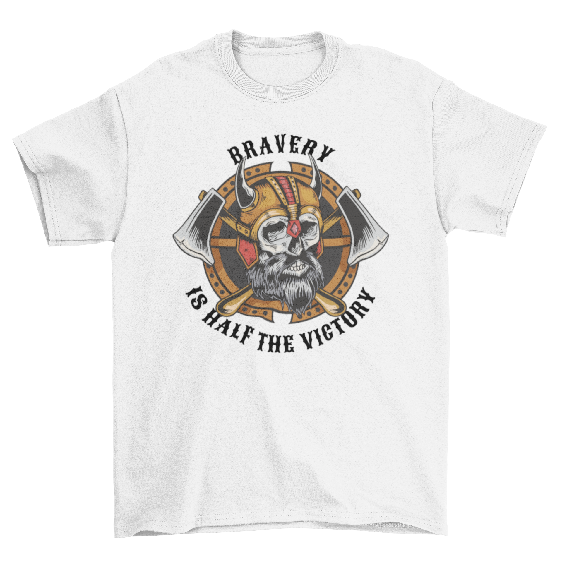 Viking skull t-shirt featuring crossed axes and the quote 'Bravery is half the victory'.