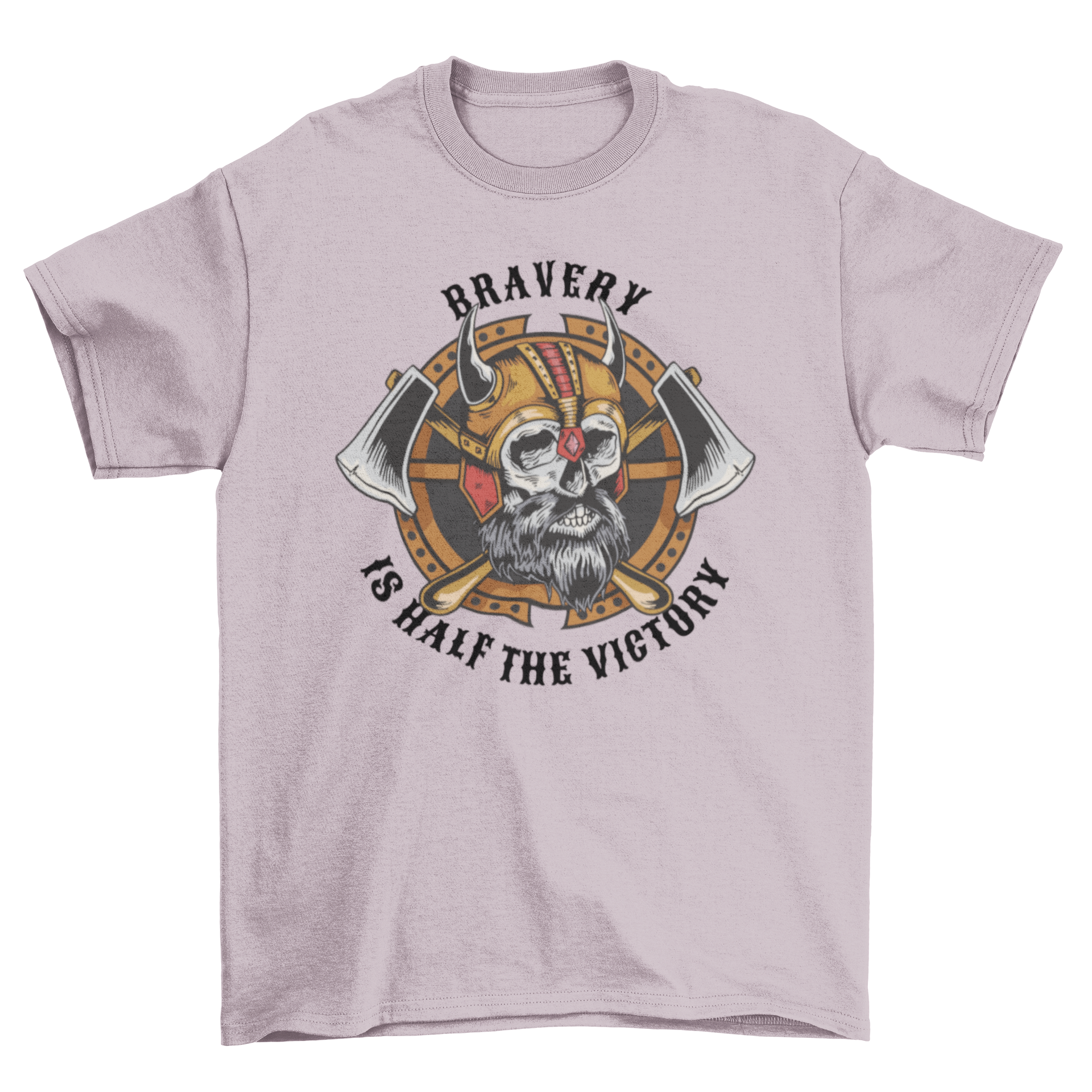 Viking skull t-shirt featuring crossed axes and the quote 'Bravery is half the victory'.