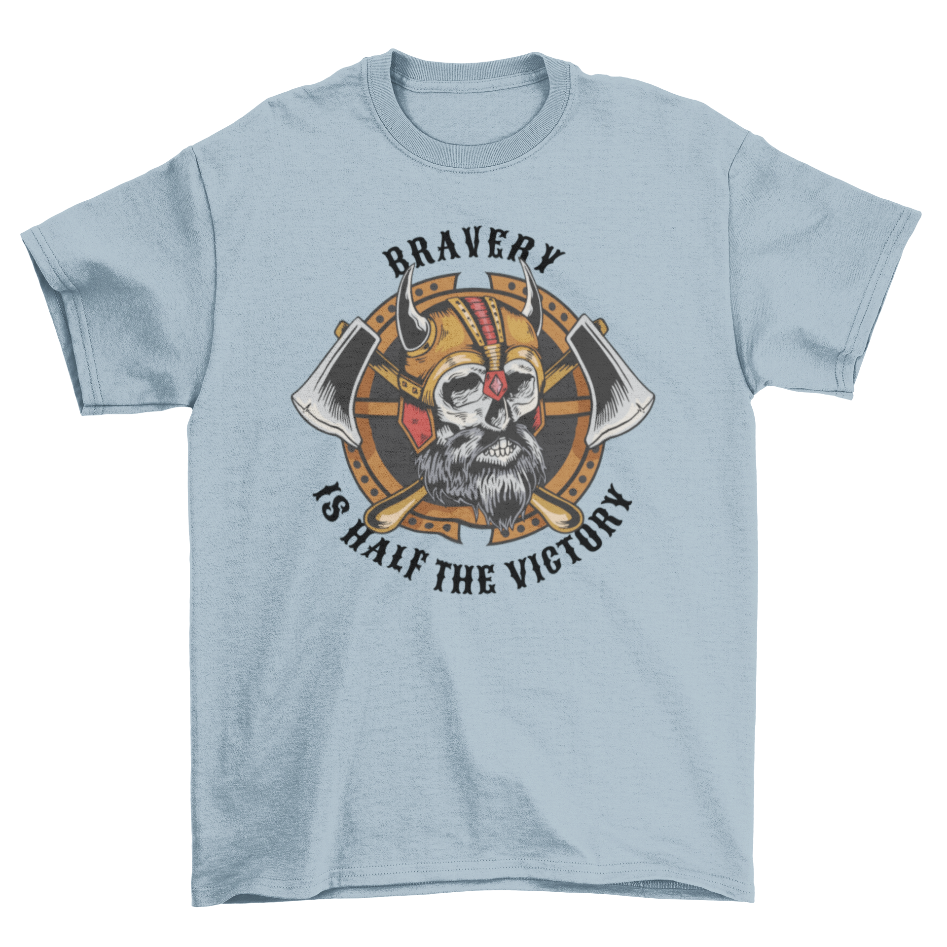 Viking skull t-shirt featuring crossed axes and the quote 'Bravery is half the victory'.