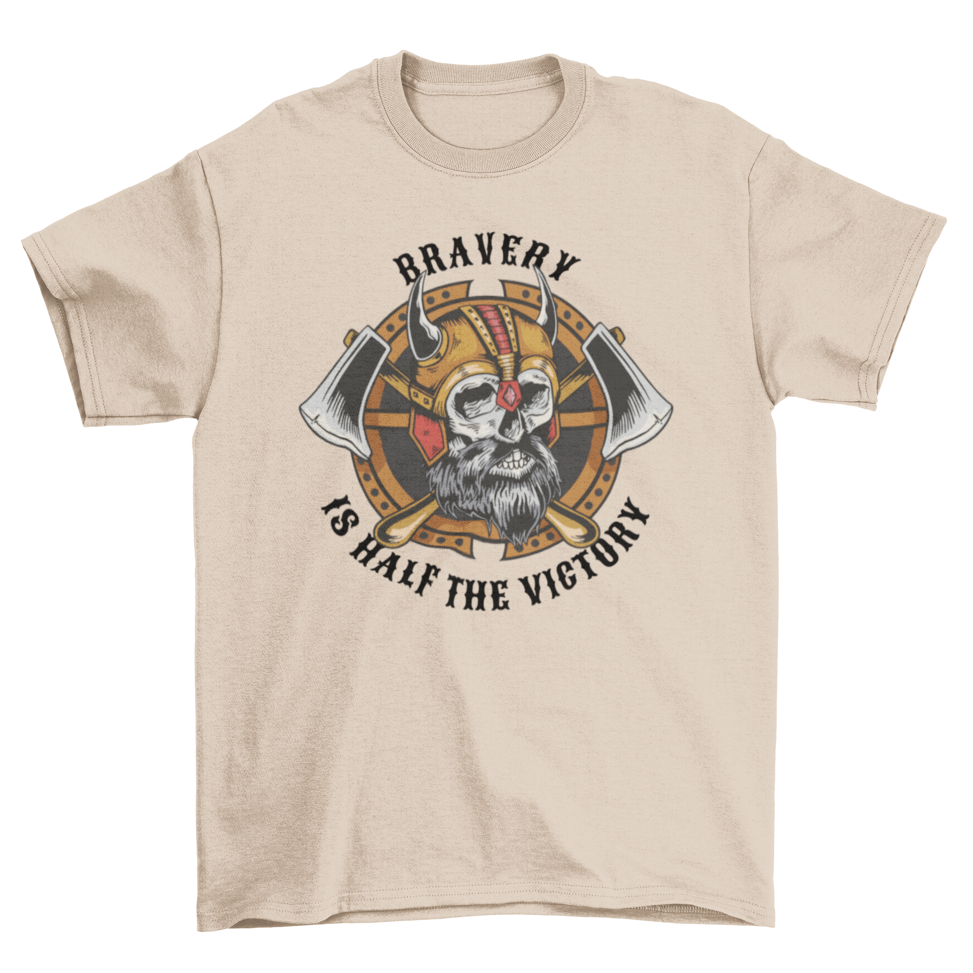 Viking skull t-shirt featuring crossed axes and the quote 'Bravery is half the victory'.