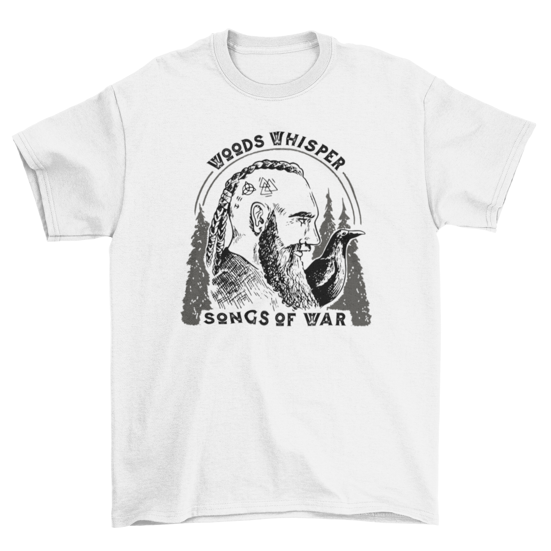 Viking Songs of War T-shirt featuring a Viking with a raven and the quote 'Woods whisper songs of war'.