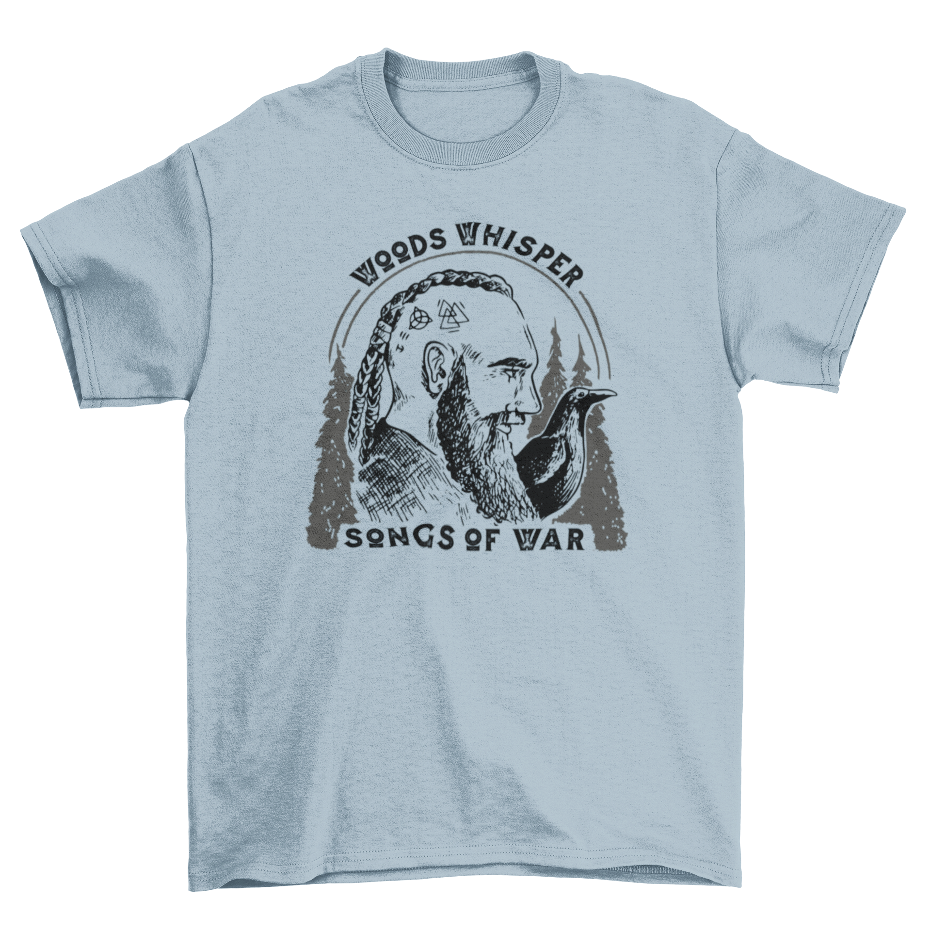 Viking Songs of War T-shirt featuring a Viking with a raven and the quote 'Woods whisper songs of war'.