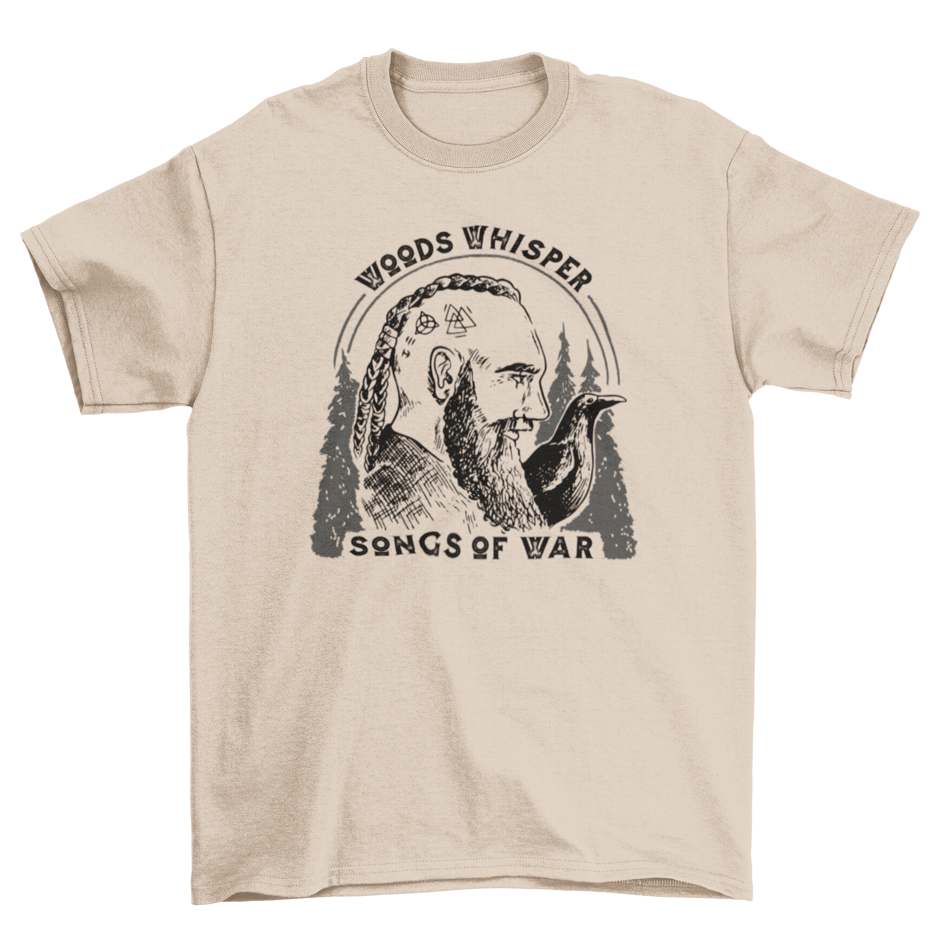 Viking Songs of War T-shirt featuring a Viking with a raven and the quote 'Woods whisper songs of war'.