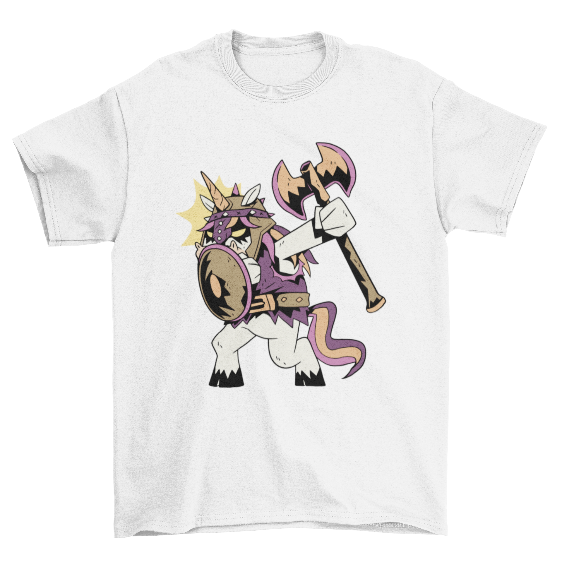 A colorful cartoon-style t-shirt featuring a Viking unicorn design, showcasing vibrant colors and playful artwork.