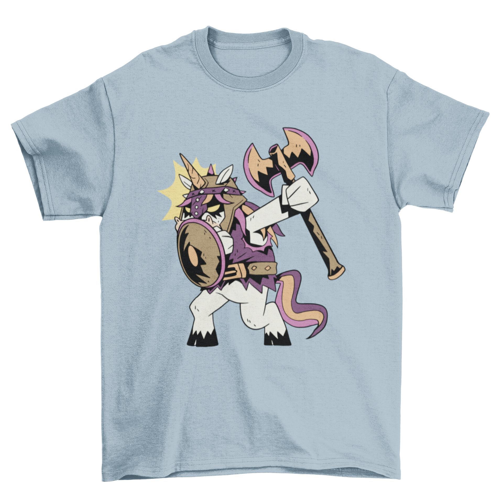 A colorful cartoon-style t-shirt featuring a Viking unicorn design, showcasing vibrant colors and playful artwork.