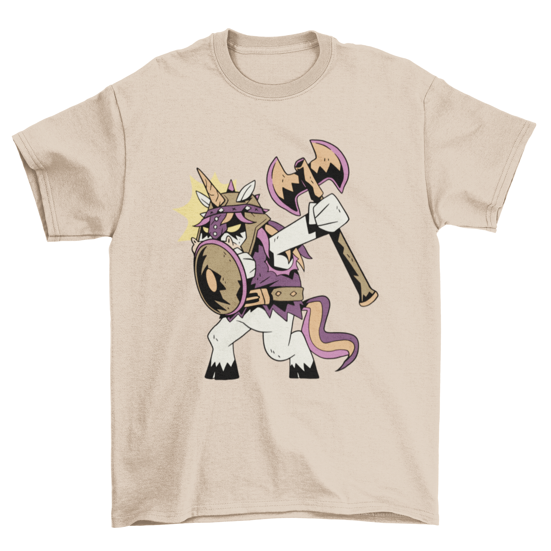 A colorful cartoon-style t-shirt featuring a Viking unicorn design, showcasing vibrant colors and playful artwork.