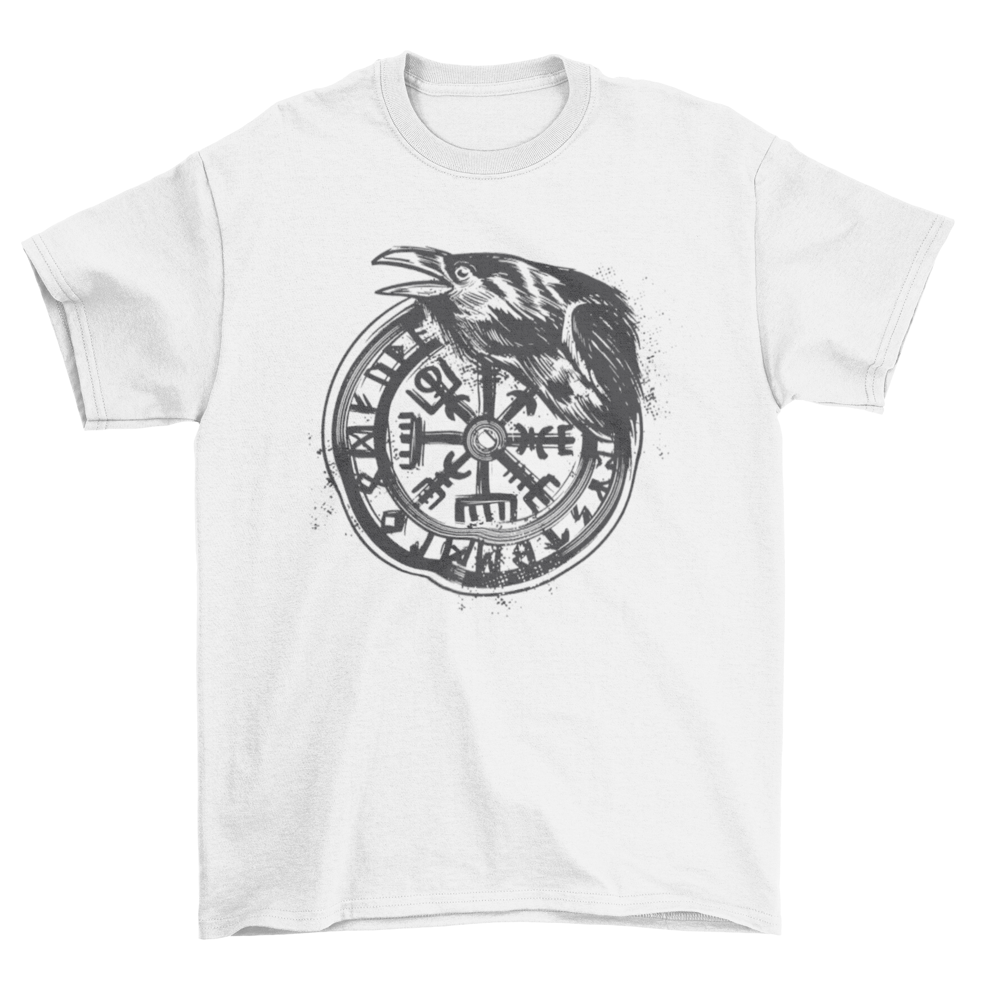 A stylish Viking vegvisir t-shirt featuring a detailed design of the vegvisir symbol and a crow, perfect for mythology enthusiasts.