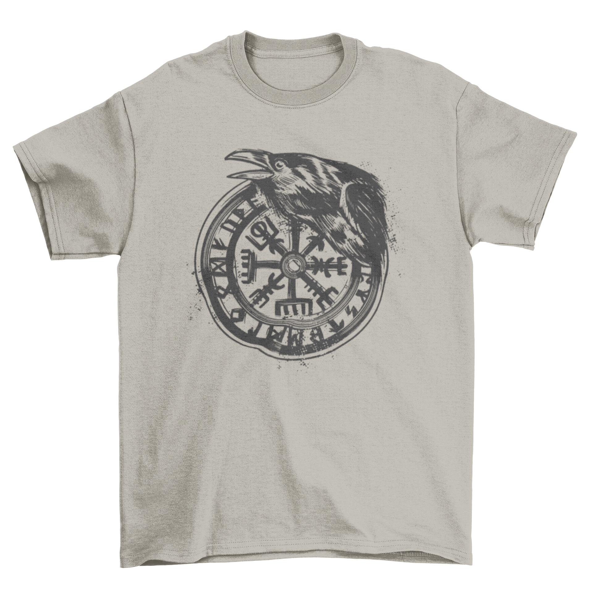 A stylish Viking vegvisir t-shirt featuring a detailed design of the vegvisir symbol and a crow, perfect for mythology enthusiasts.