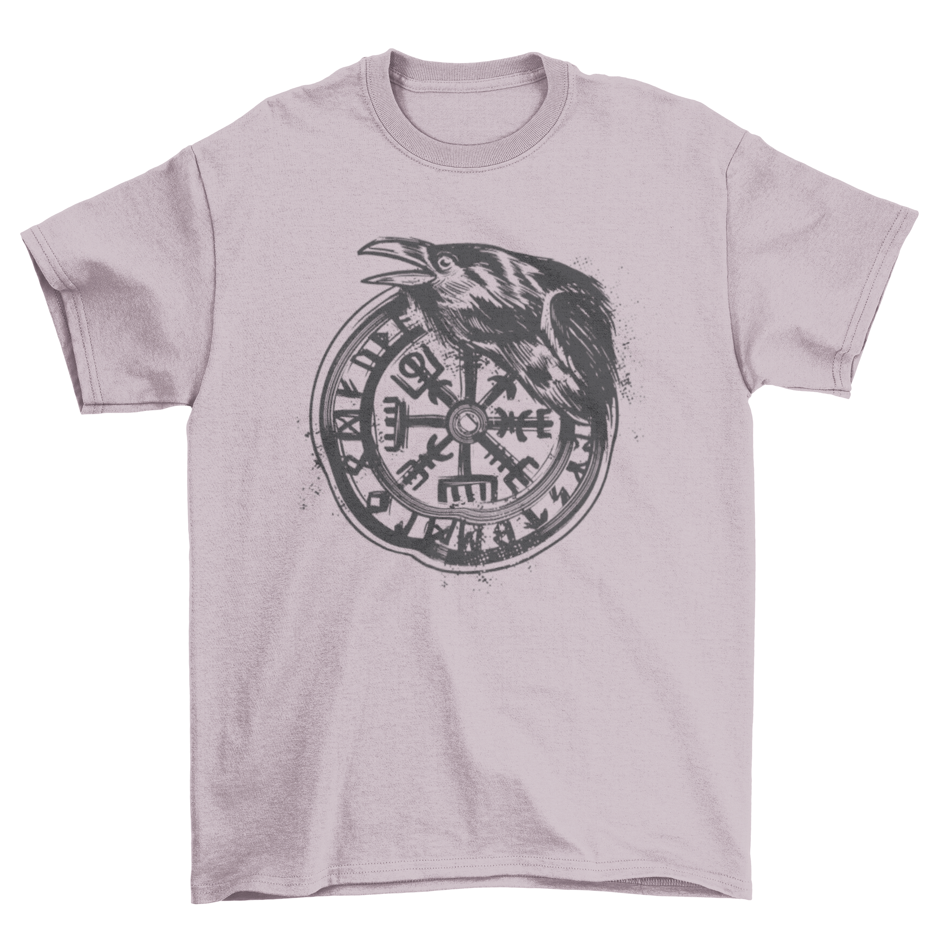 A stylish Viking vegvisir t-shirt featuring a detailed design of the vegvisir symbol and a crow, perfect for mythology enthusiasts.