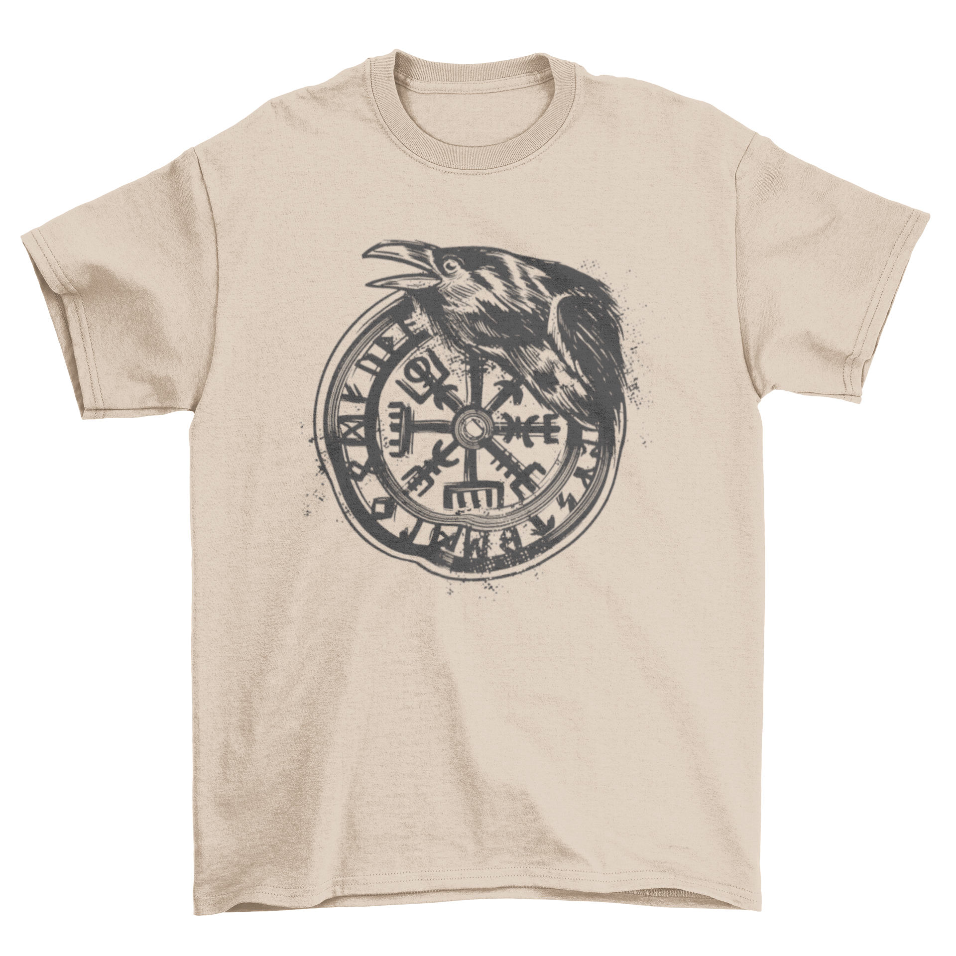 A stylish Viking vegvisir t-shirt featuring a detailed design of the vegvisir symbol and a crow, perfect for mythology enthusiasts.