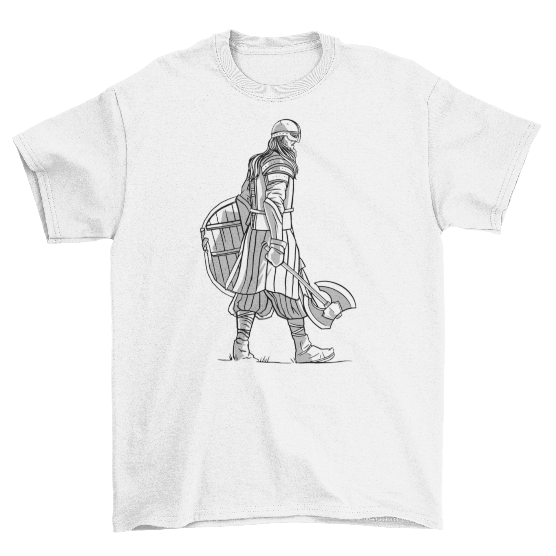 A stylish Viking walking t-shirt featuring a Viking holding an axe, perfect for casual wear.