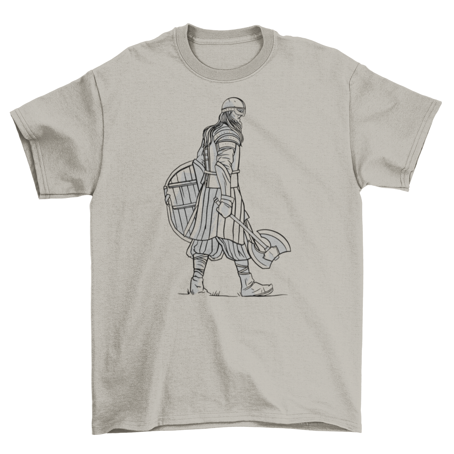 A stylish Viking walking t-shirt featuring a Viking holding an axe, perfect for casual wear.