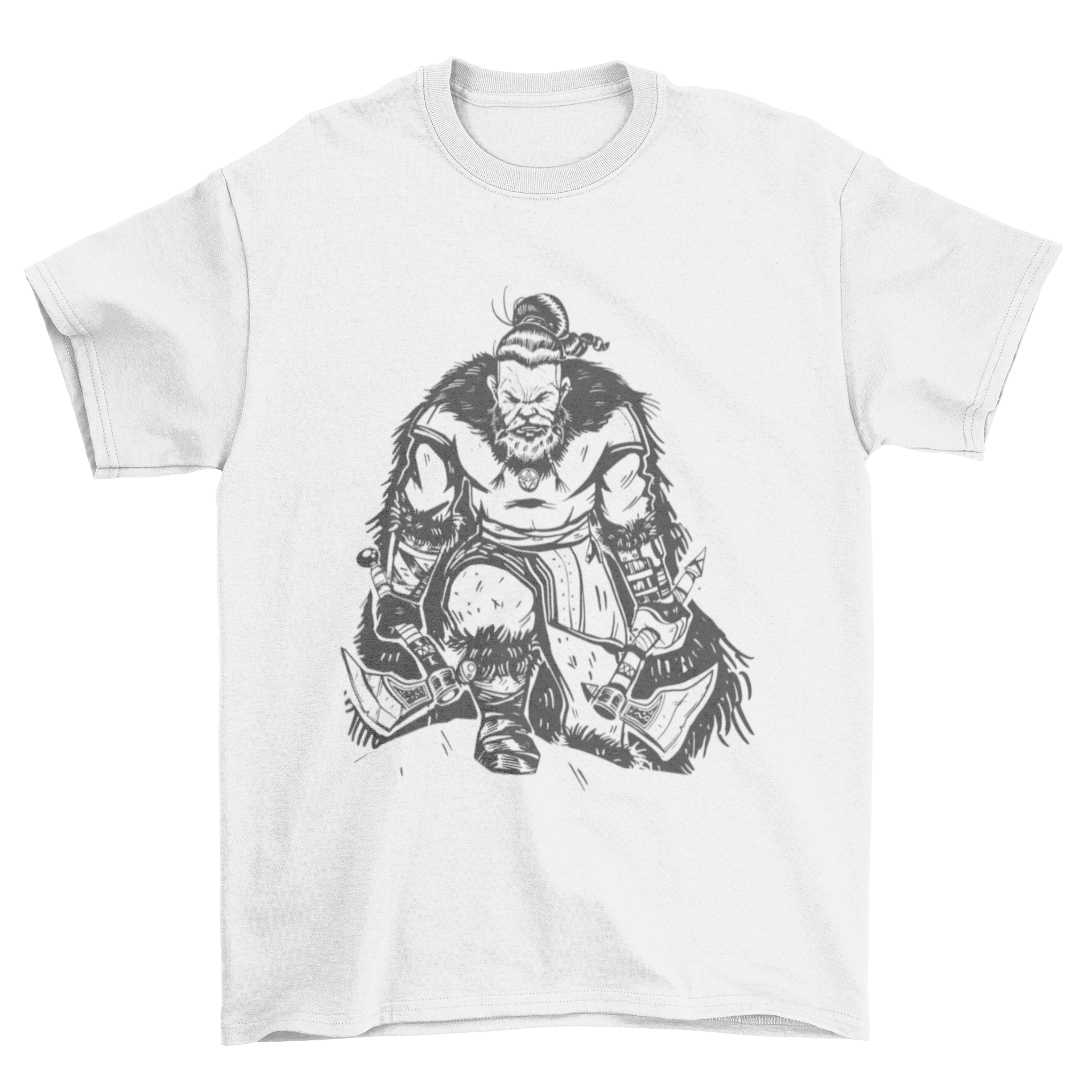 A stylish t-shirt featuring a hand-drawn Viking warrior on one knee holding two axes, showcasing intricate details.