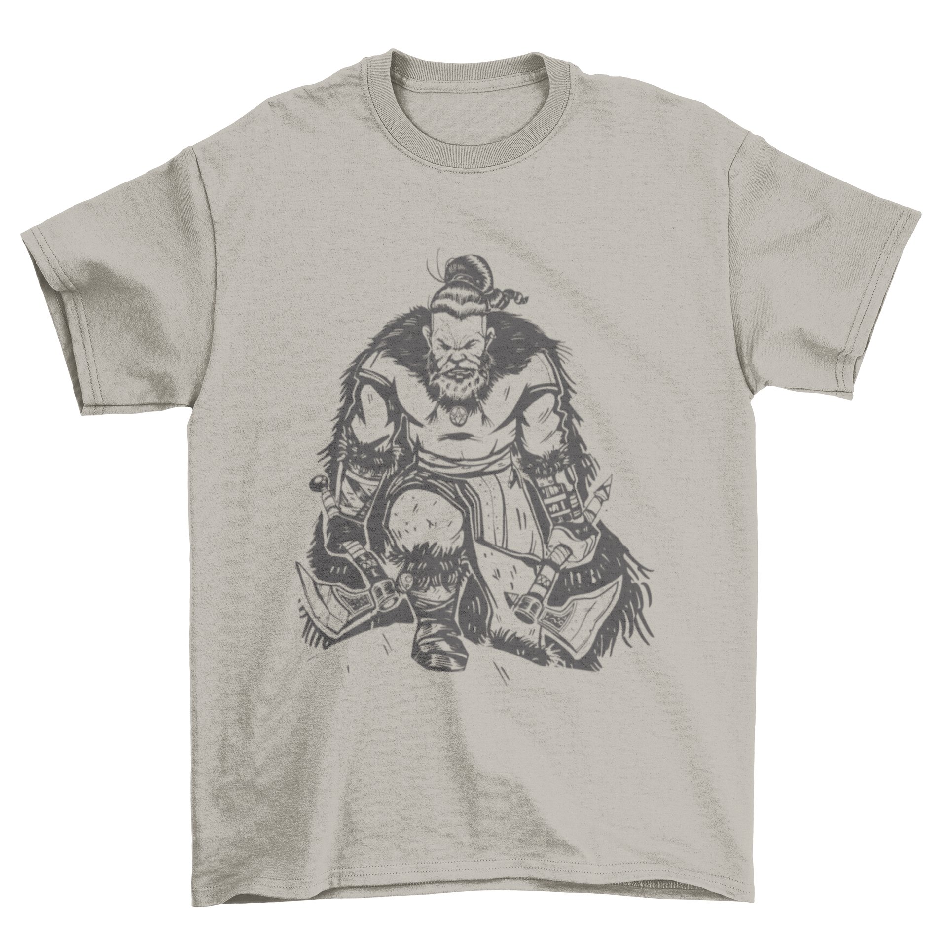 A stylish t-shirt featuring a hand-drawn Viking warrior on one knee holding two axes, showcasing intricate details.