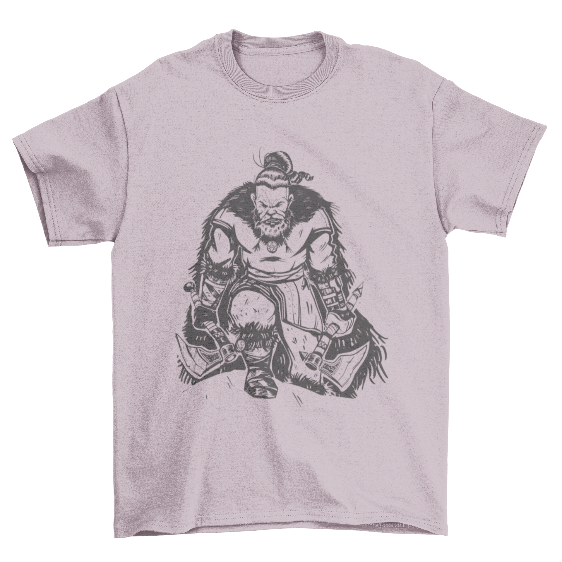 A stylish t-shirt featuring a hand-drawn Viking warrior on one knee holding two axes, showcasing intricate details.