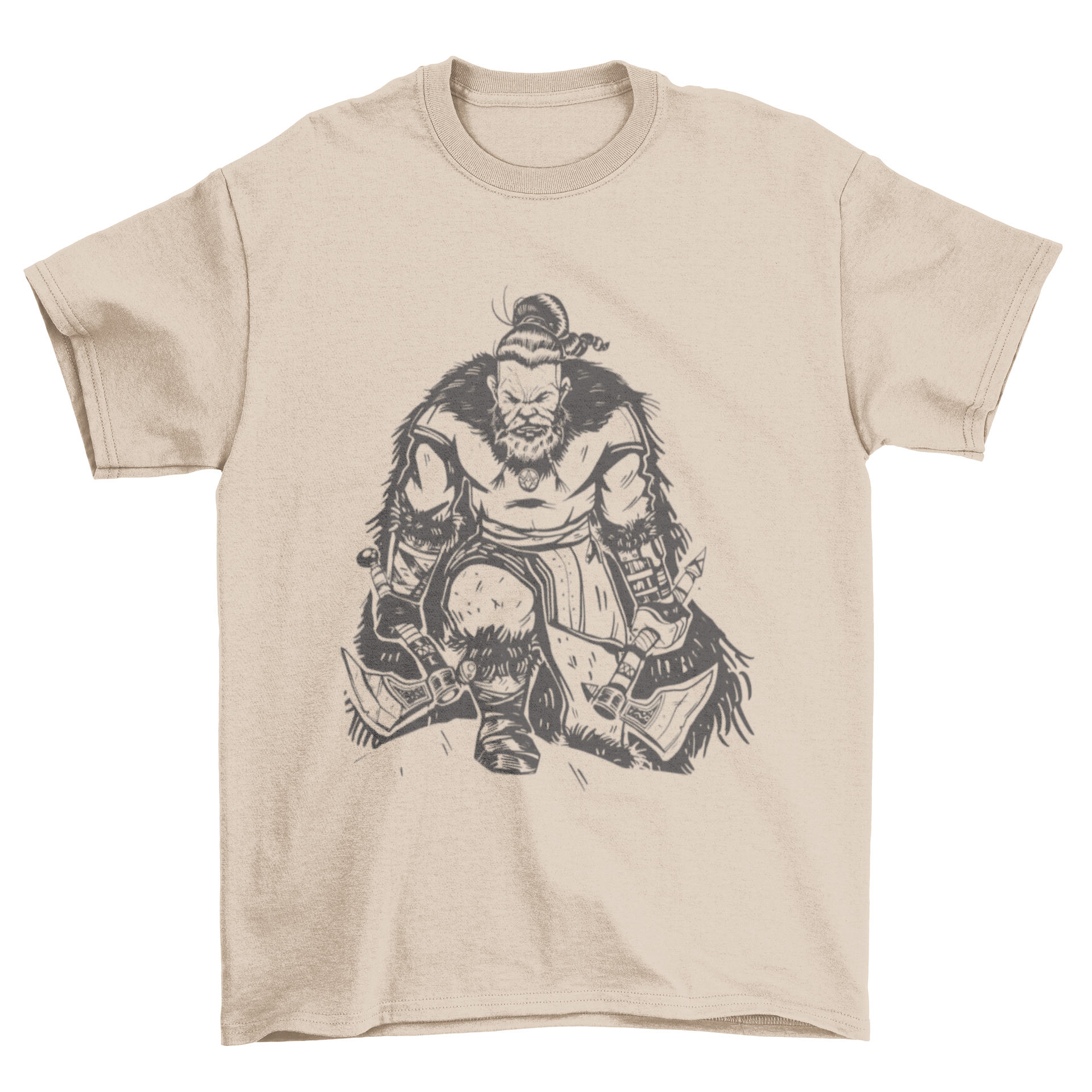 A stylish t-shirt featuring a hand-drawn Viking warrior on one knee holding two axes, showcasing intricate details.