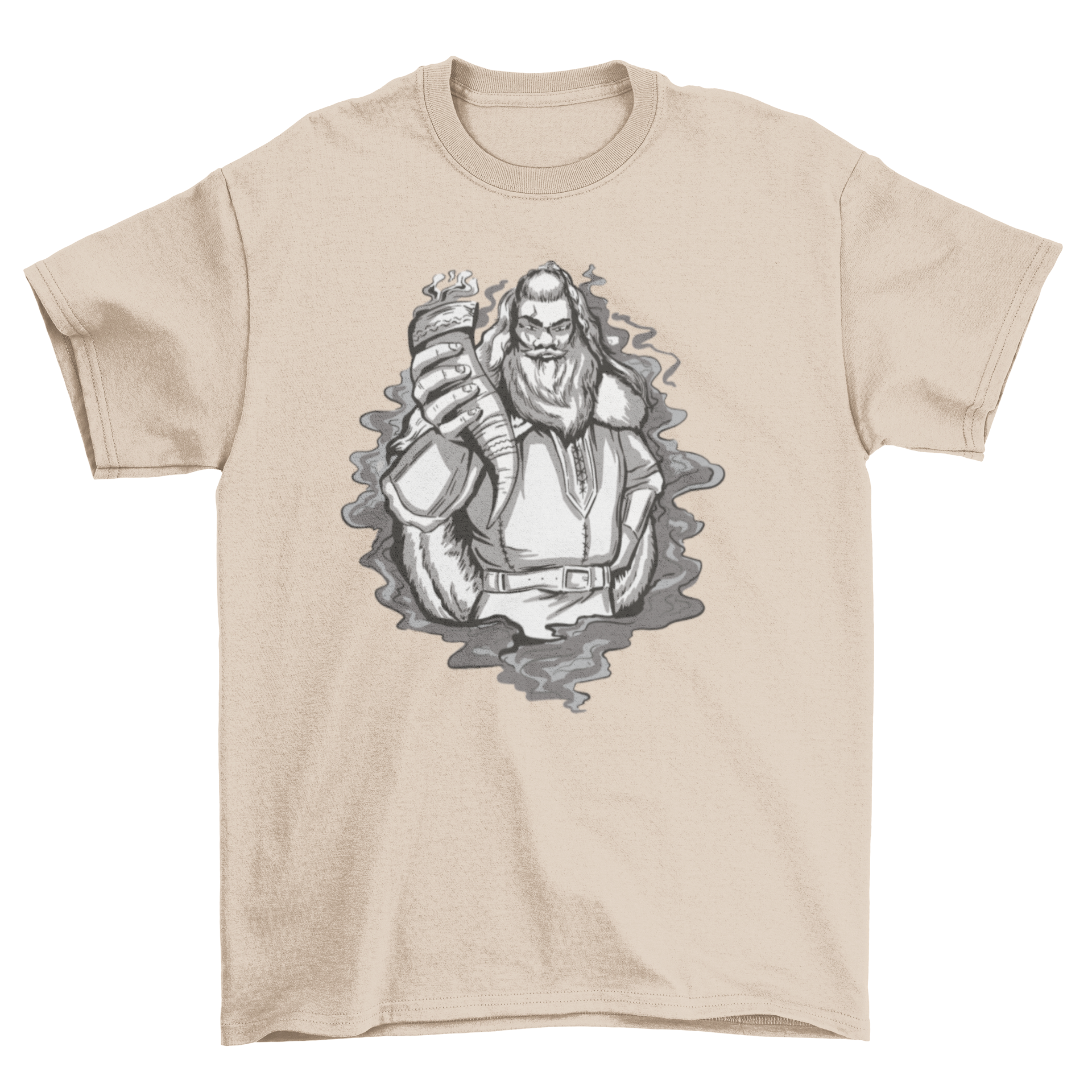 A stylish t-shirt featuring a detailed illustration of a Viking holding a horn, showcasing Norse mythology.