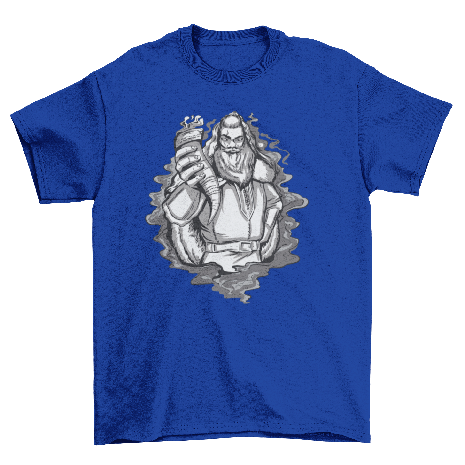 A stylish t-shirt featuring a detailed illustration of a Viking holding a horn, showcasing Norse mythology.