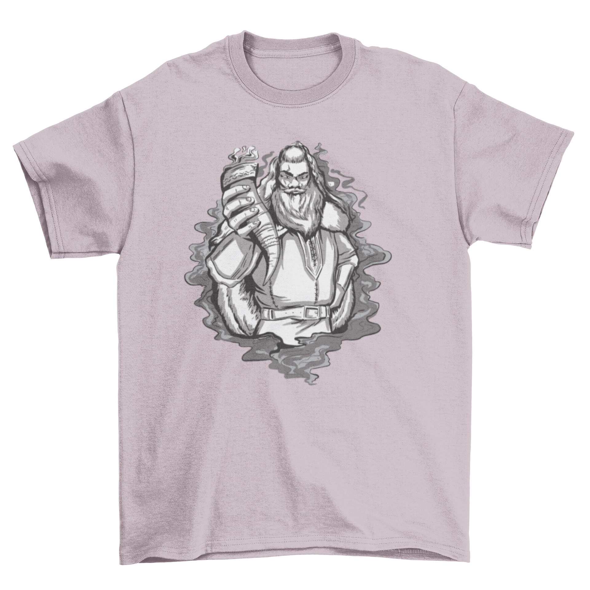 A stylish t-shirt featuring a detailed illustration of a Viking holding a horn, showcasing Norse mythology.