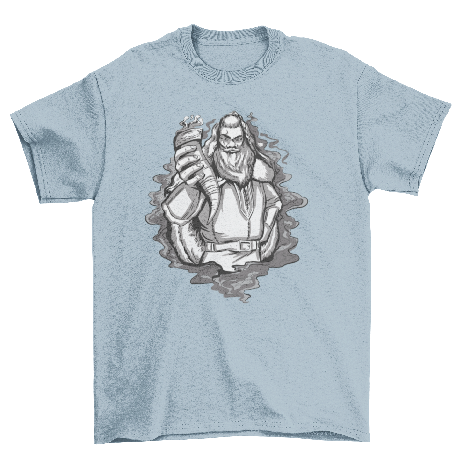 A stylish t-shirt featuring a detailed illustration of a Viking holding a horn, showcasing Norse mythology.