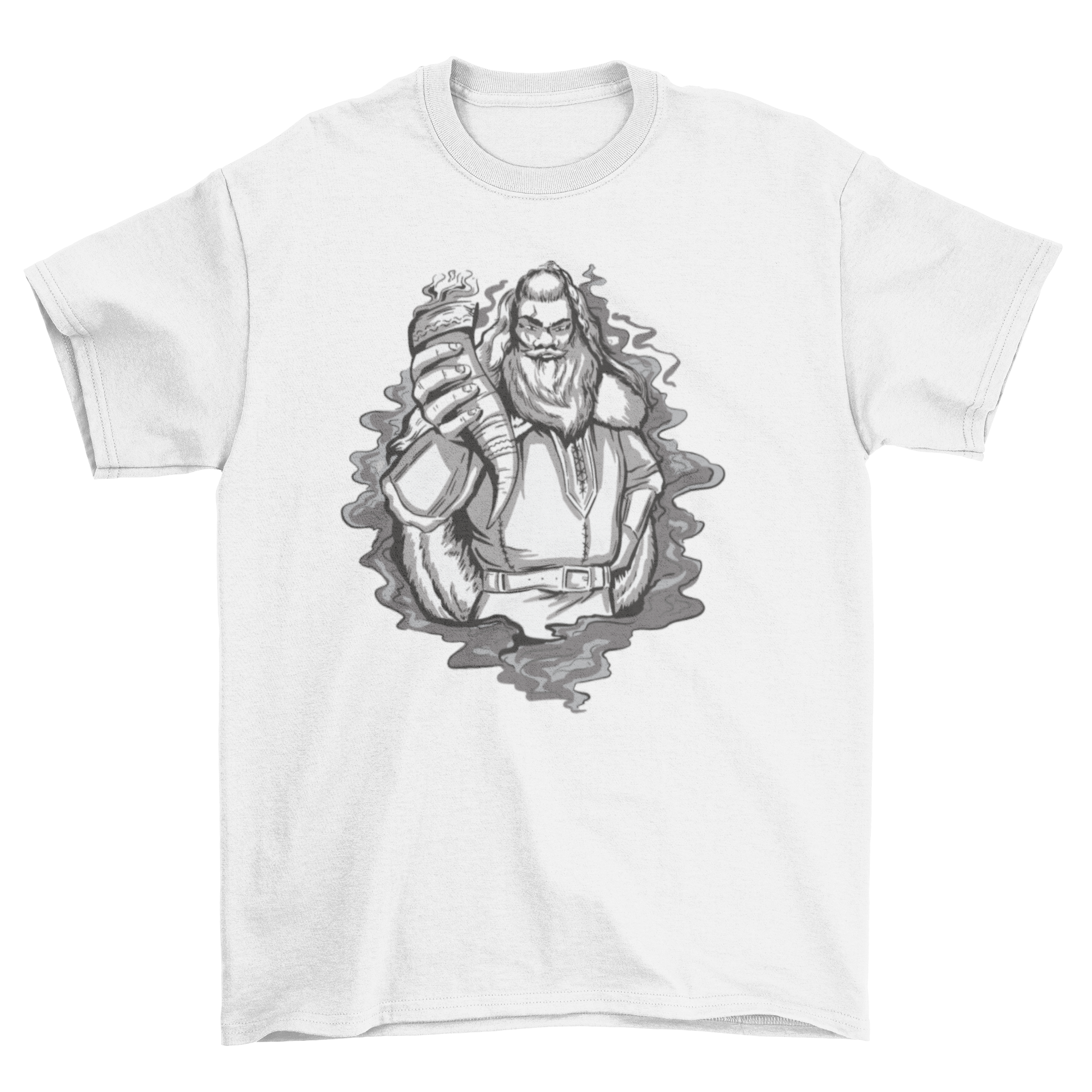 A stylish t-shirt featuring a detailed illustration of a Viking holding a horn, showcasing Norse mythology.