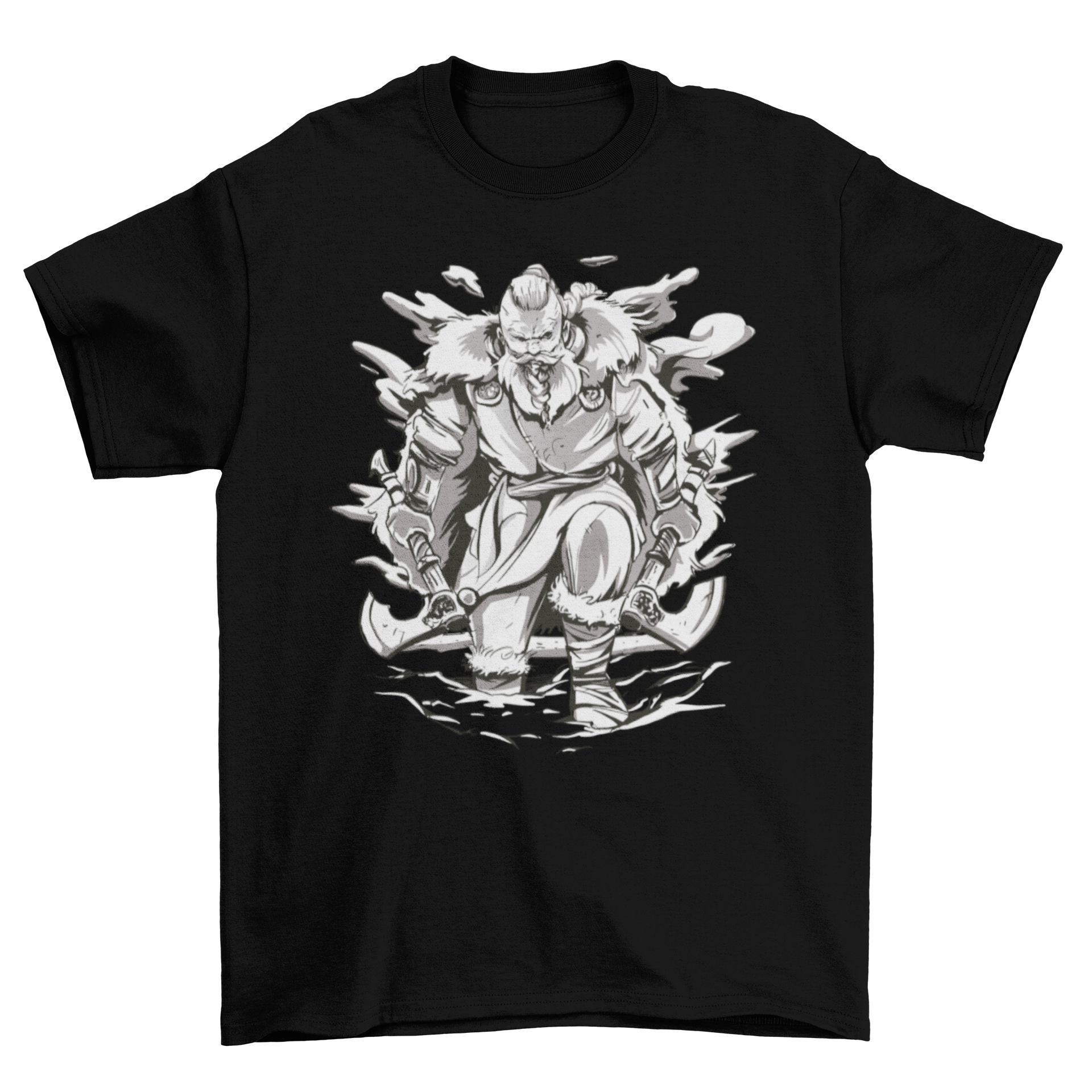 A stylish t-shirt featuring a fierce Viking holding two axes, showcasing intricate design details.