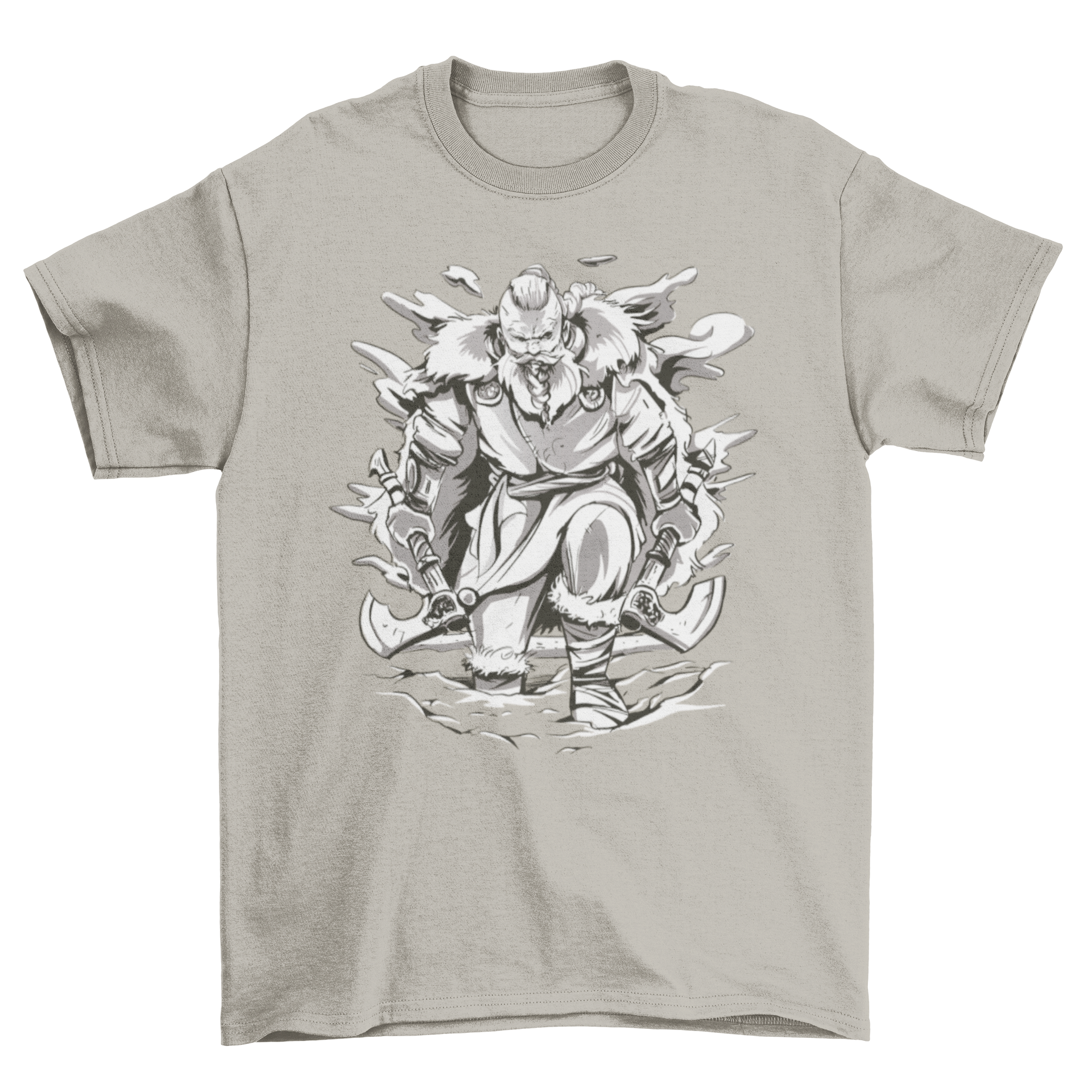 A stylish t-shirt featuring a fierce Viking holding two axes, showcasing intricate design details.