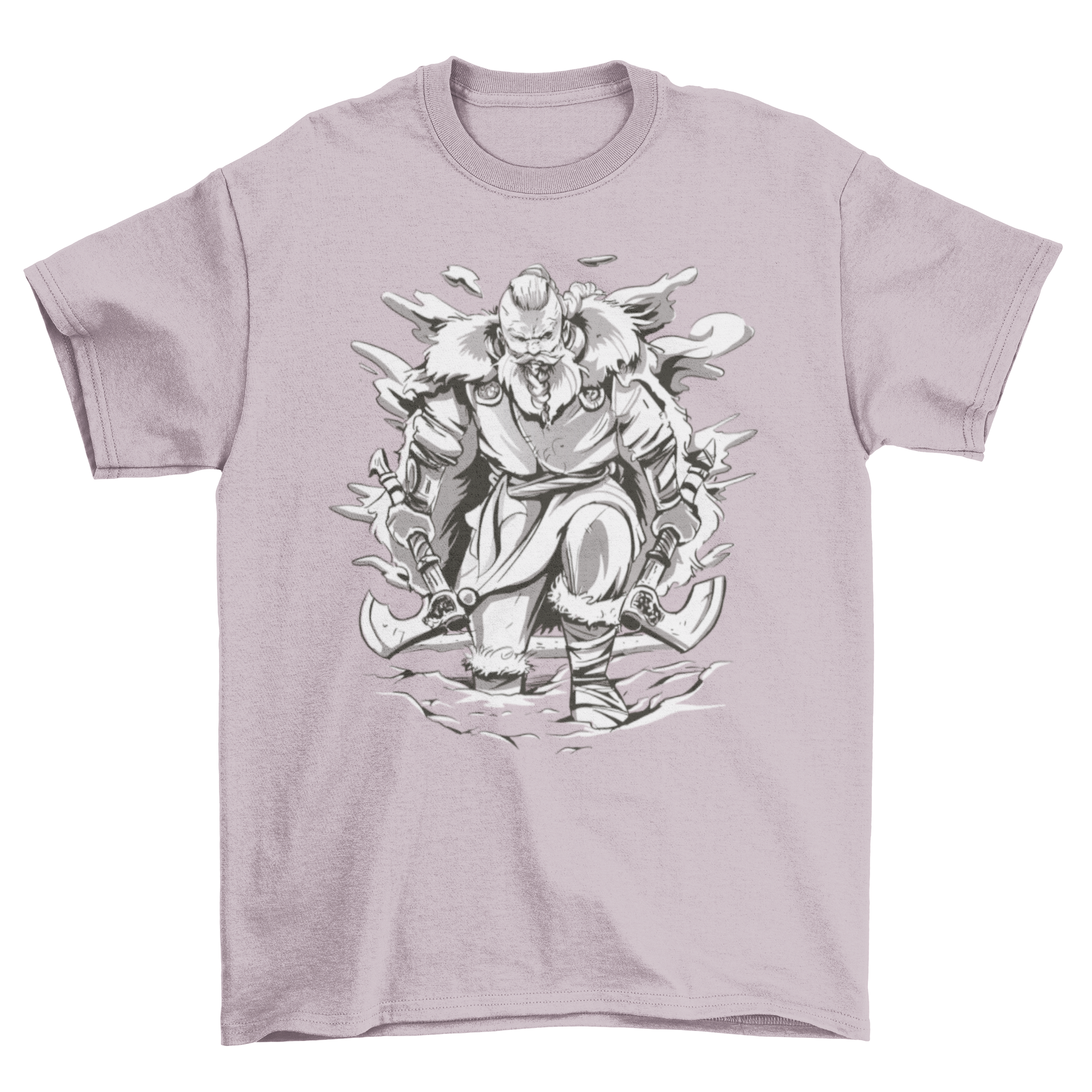 A stylish t-shirt featuring a fierce Viking holding two axes, showcasing intricate design details.