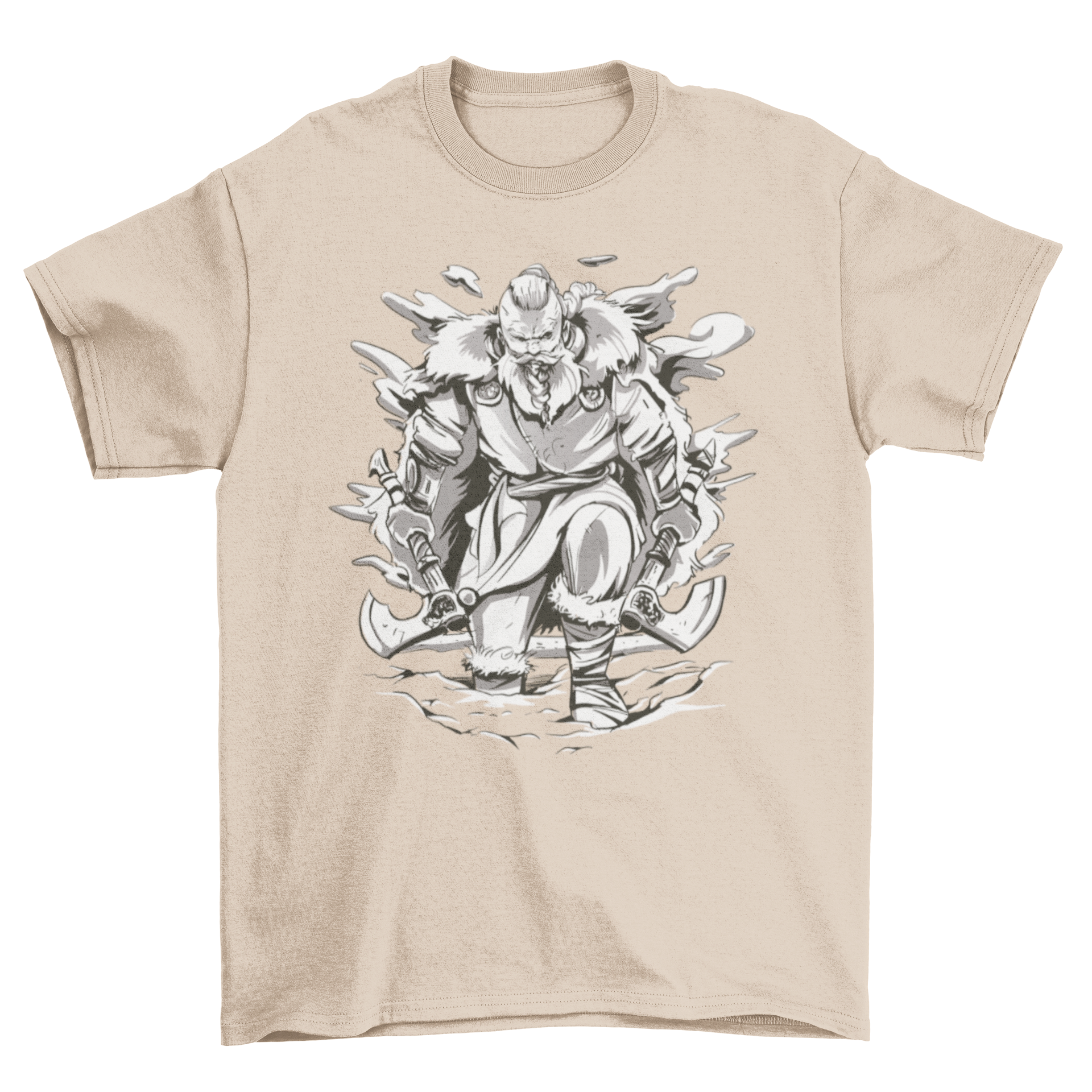 A stylish t-shirt featuring a fierce Viking holding two axes, showcasing intricate design details.