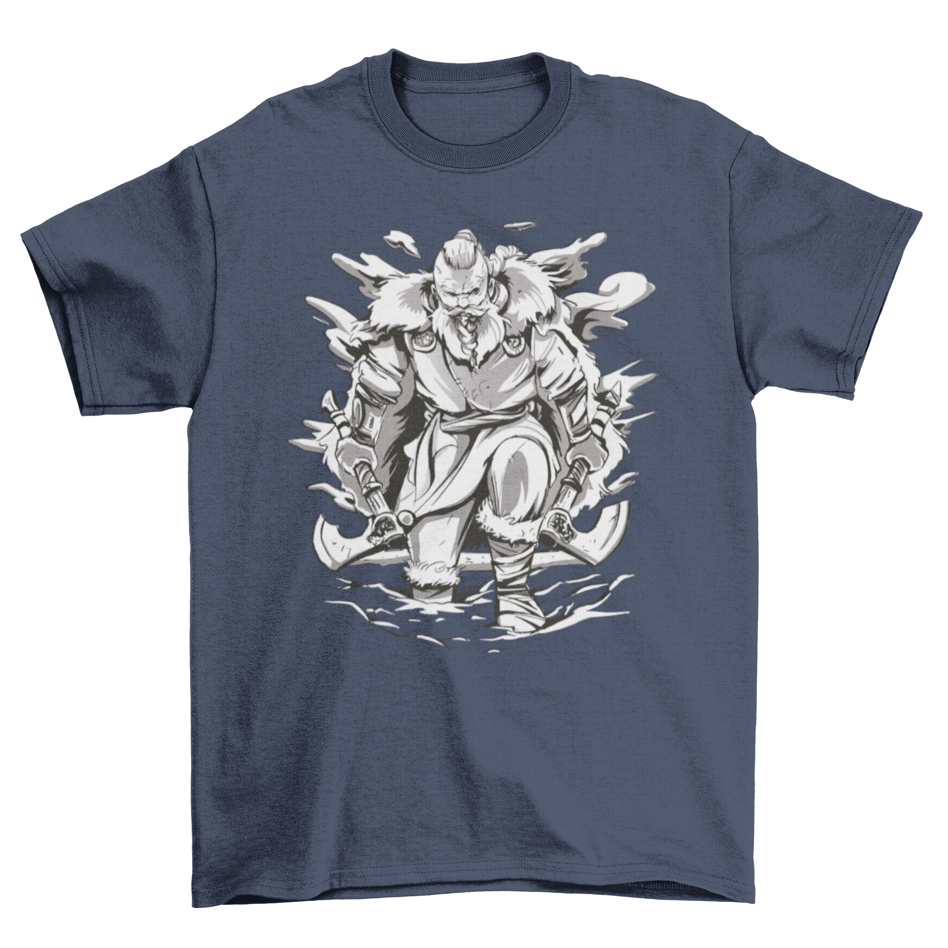 A stylish t-shirt featuring a fierce Viking holding two axes, showcasing intricate design details.