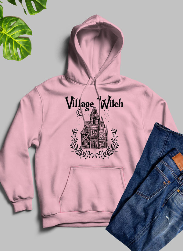 A stylish Village Witch Hoodie featuring unique artistic designs, made from warm fleece blend material with an adjustable hood.