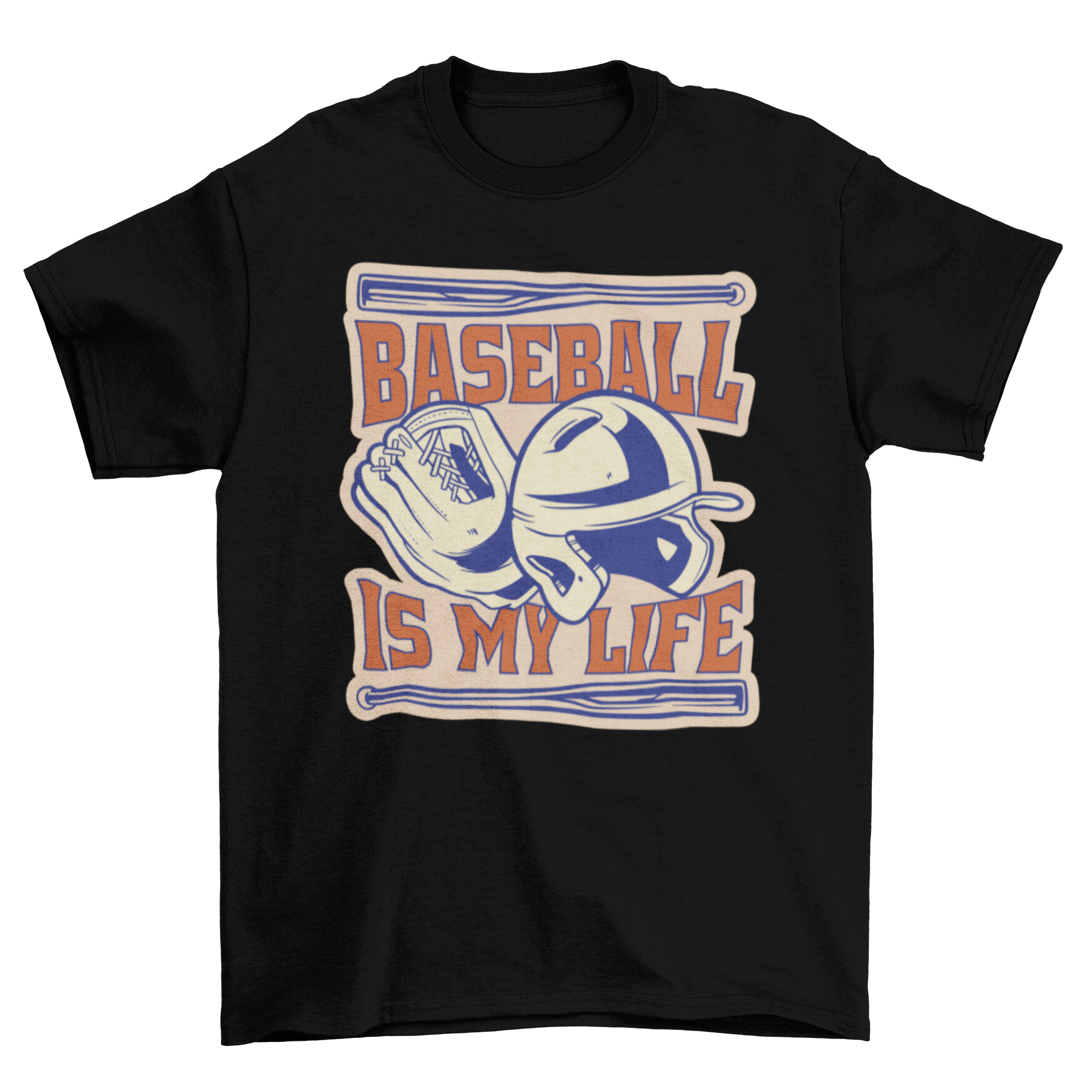 Vintage baseball sport t-shirt featuring a baseball glove and helmet with the quote 'Baseball is my life'.