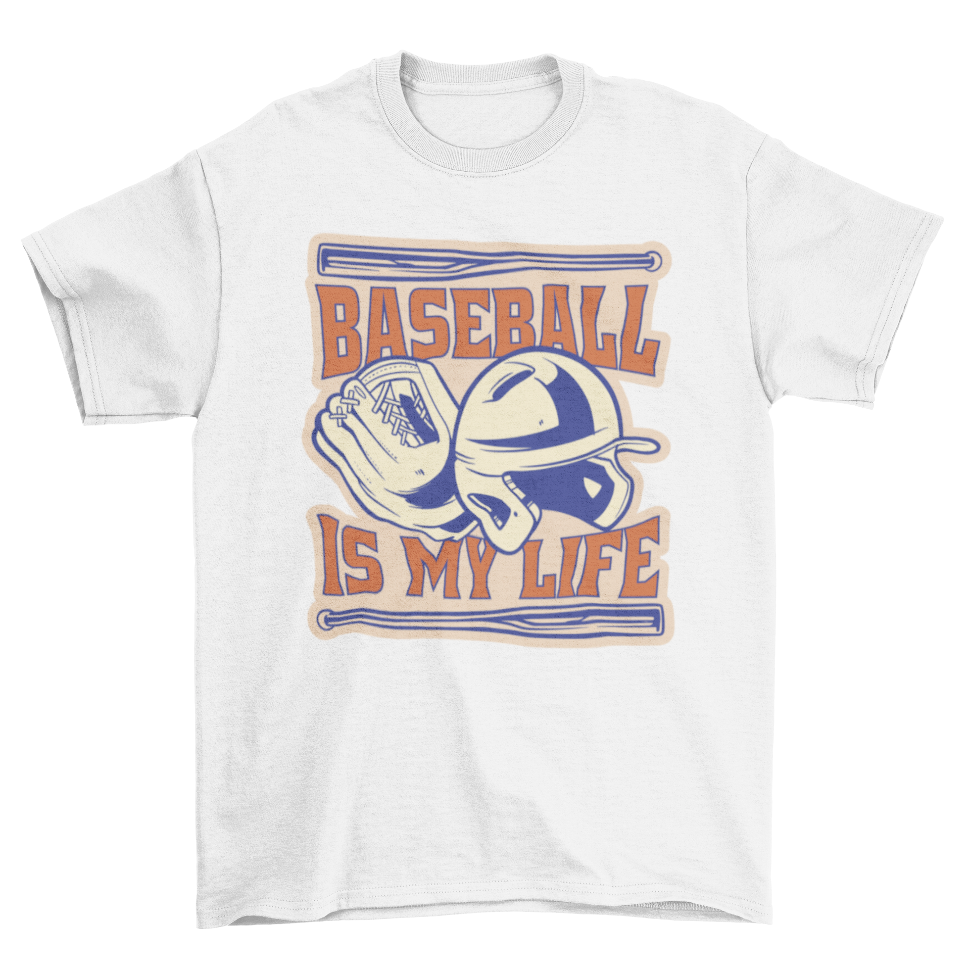 Vintage baseball sport t-shirt featuring a baseball glove and helmet with the quote 'Baseball is my life'.