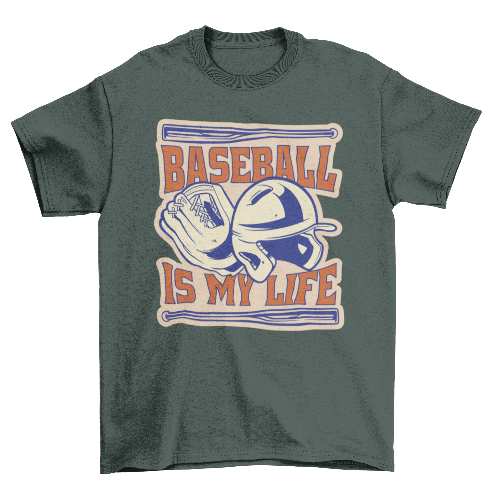 Vintage baseball sport t-shirt featuring a baseball glove and helmet with the quote 'Baseball is my life'.