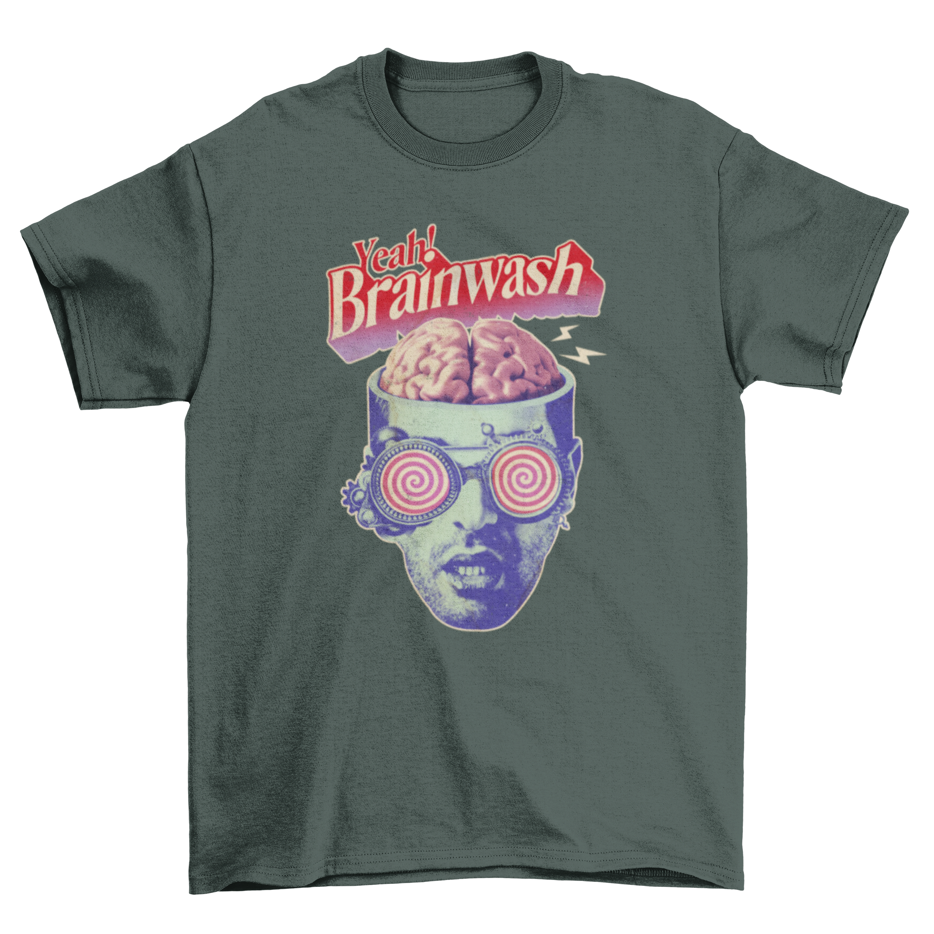 Vintage brainwash t-shirt featuring a man and his brain with the quote 'Yeah! Brainwash'.