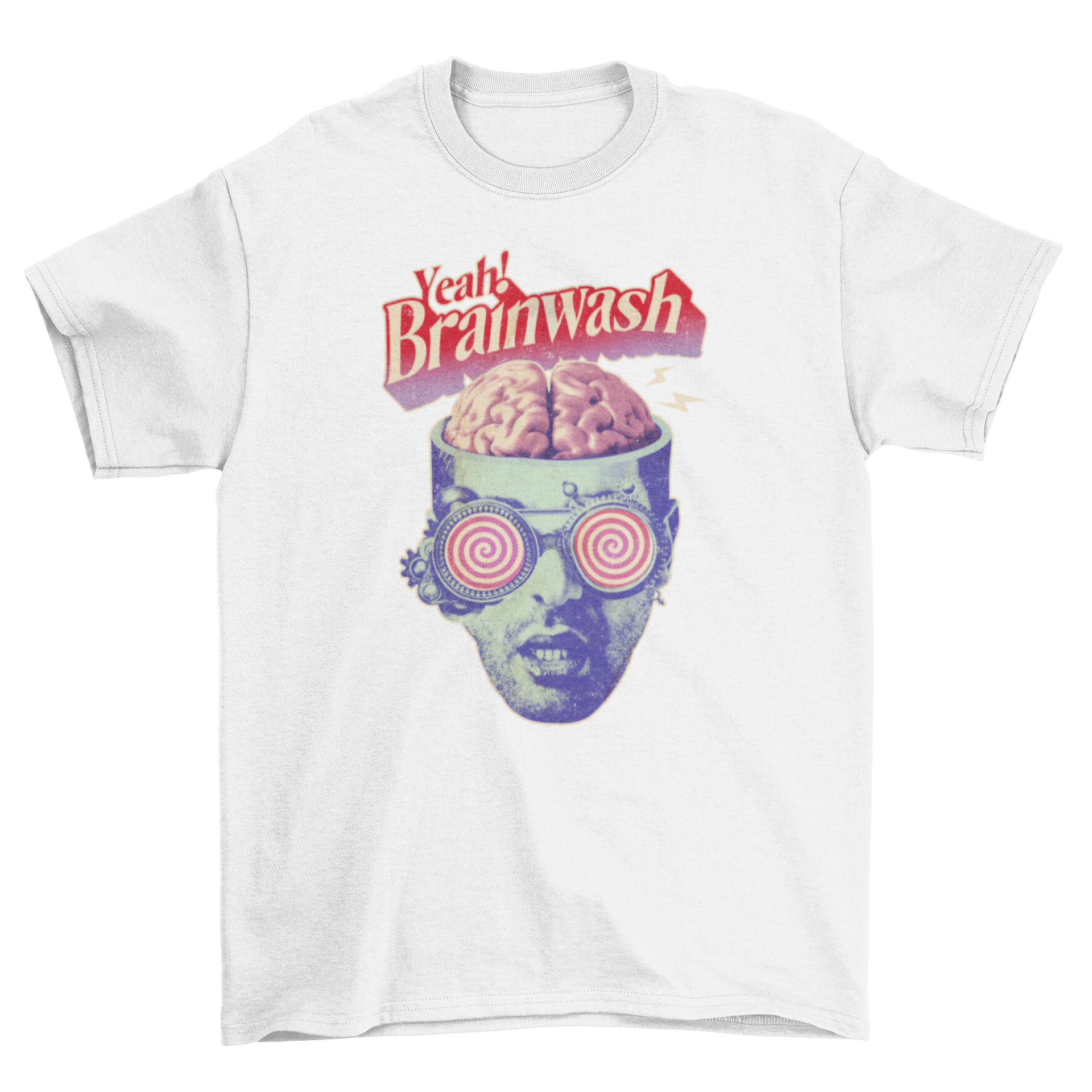 Vintage brainwash t-shirt featuring a man and his brain with the quote 'Yeah! Brainwash'.