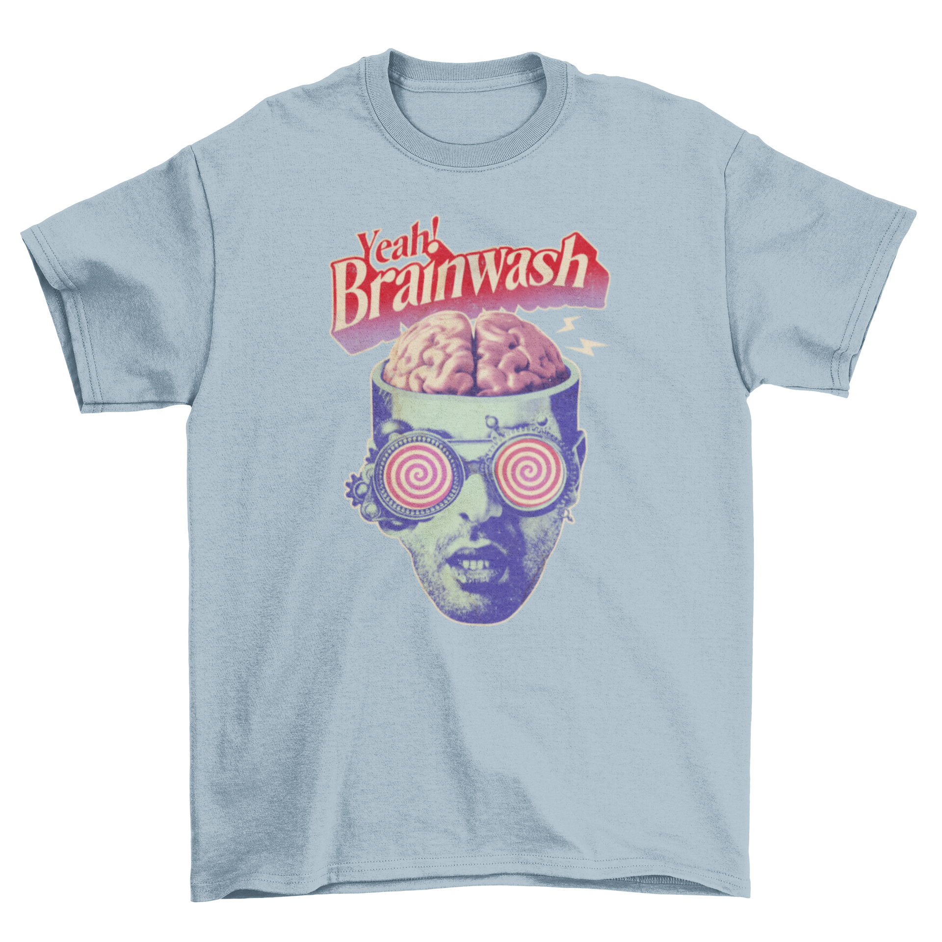 Vintage brainwash t-shirt featuring a man and his brain with the quote 'Yeah! Brainwash'.