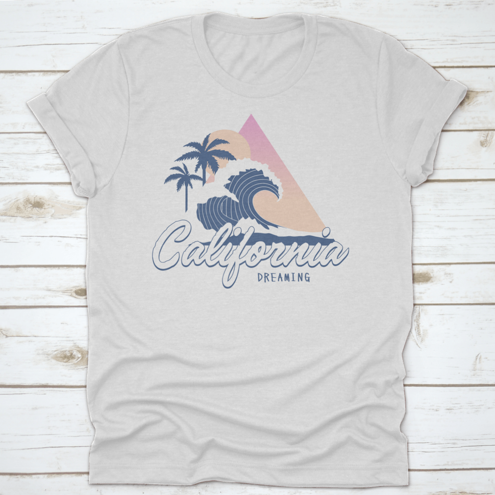 Vintage California Dreaming T-shirt featuring a tropical summer theme with a big wave design, made from soft cotton fabric.