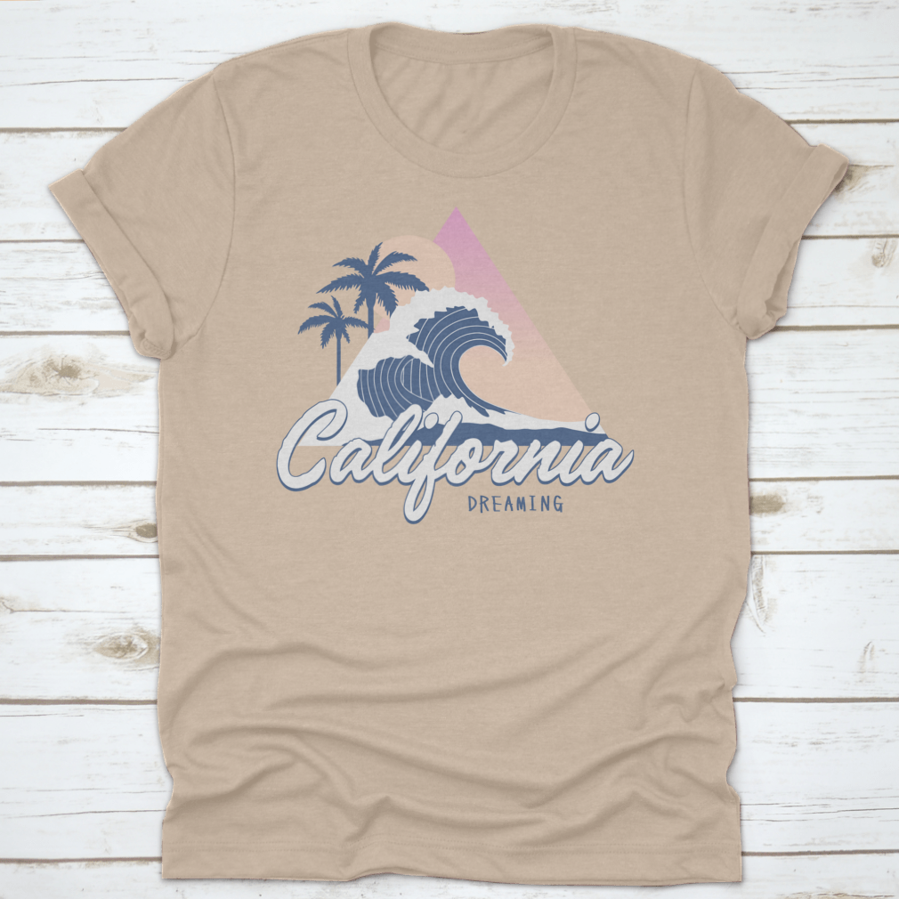 Vintage California Dreaming T-shirt featuring a tropical summer theme with a big wave design, made from soft cotton fabric.