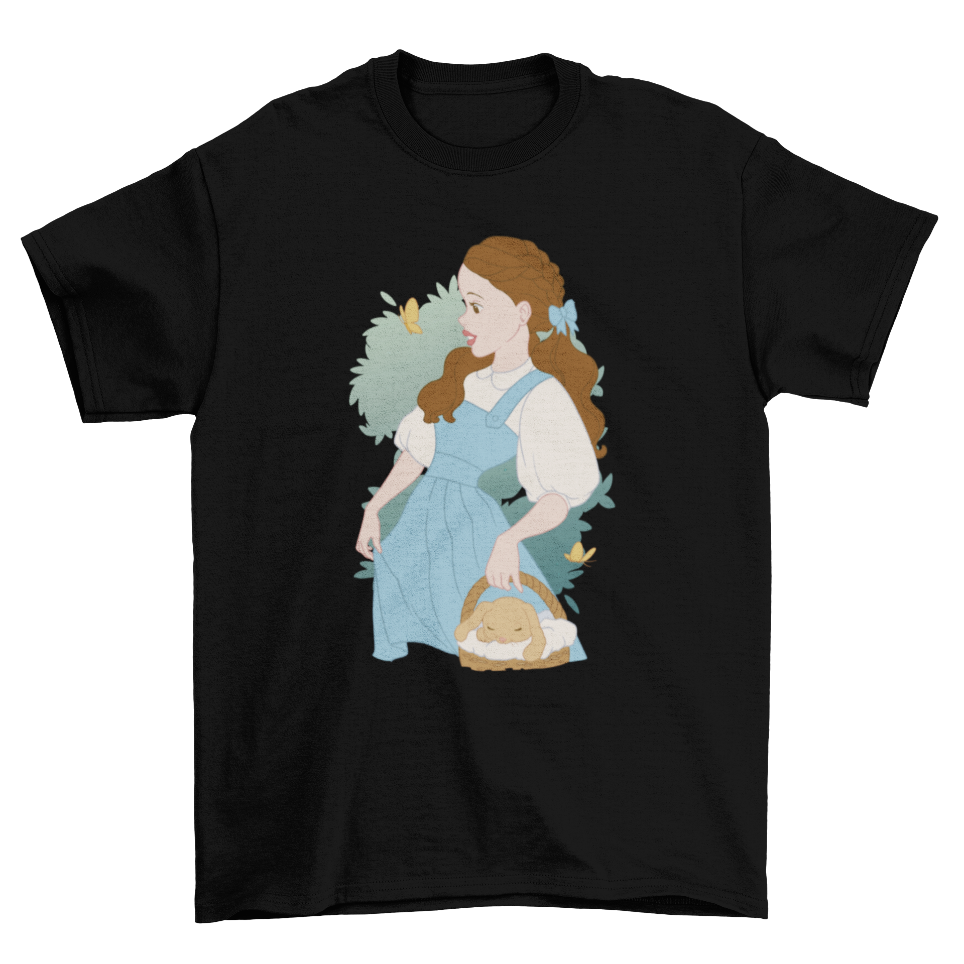 Vintage cartoon girl t-shirt featuring a girl surrounded by cute animals in a whimsical design.