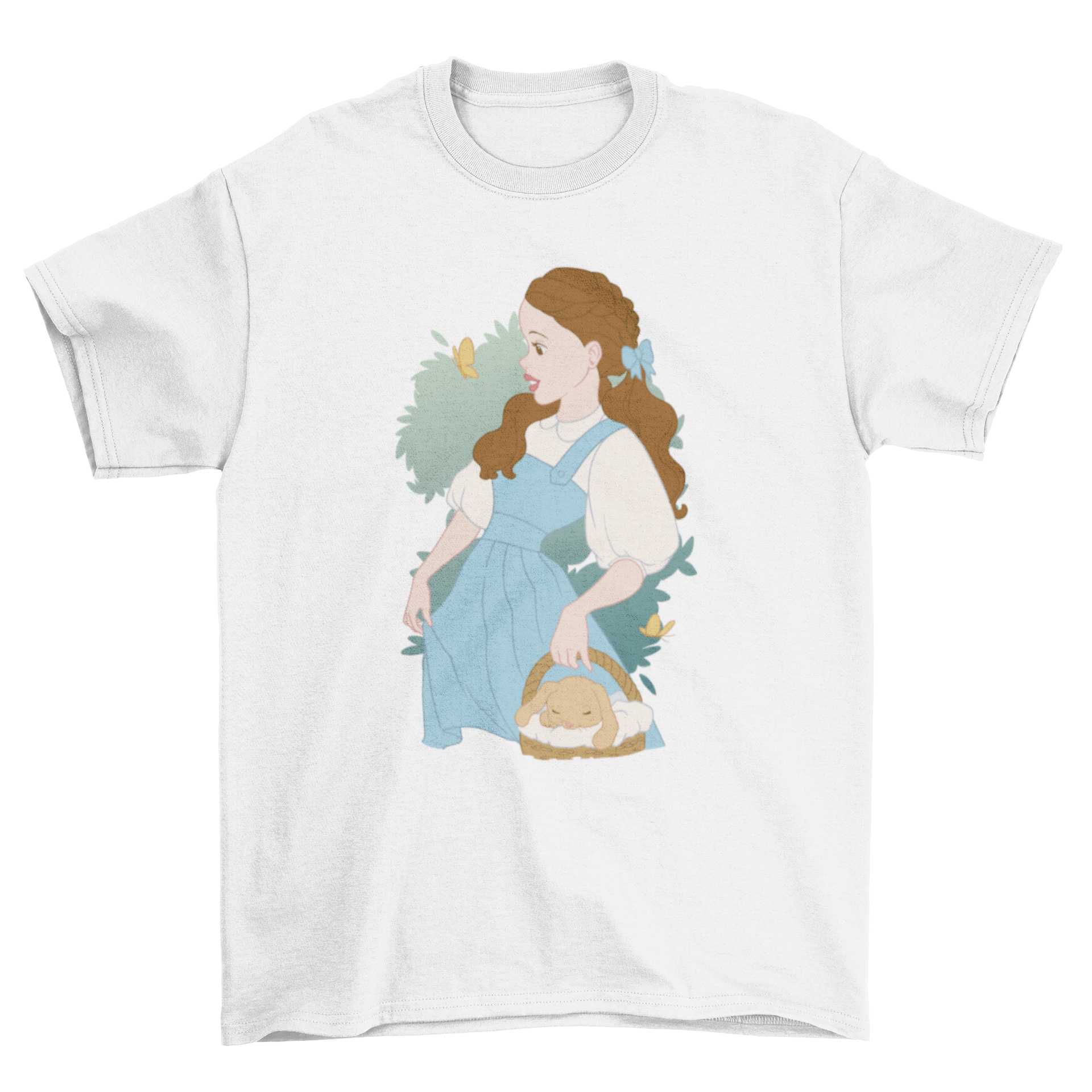 Vintage cartoon girl t-shirt featuring a girl surrounded by cute animals in a whimsical design.