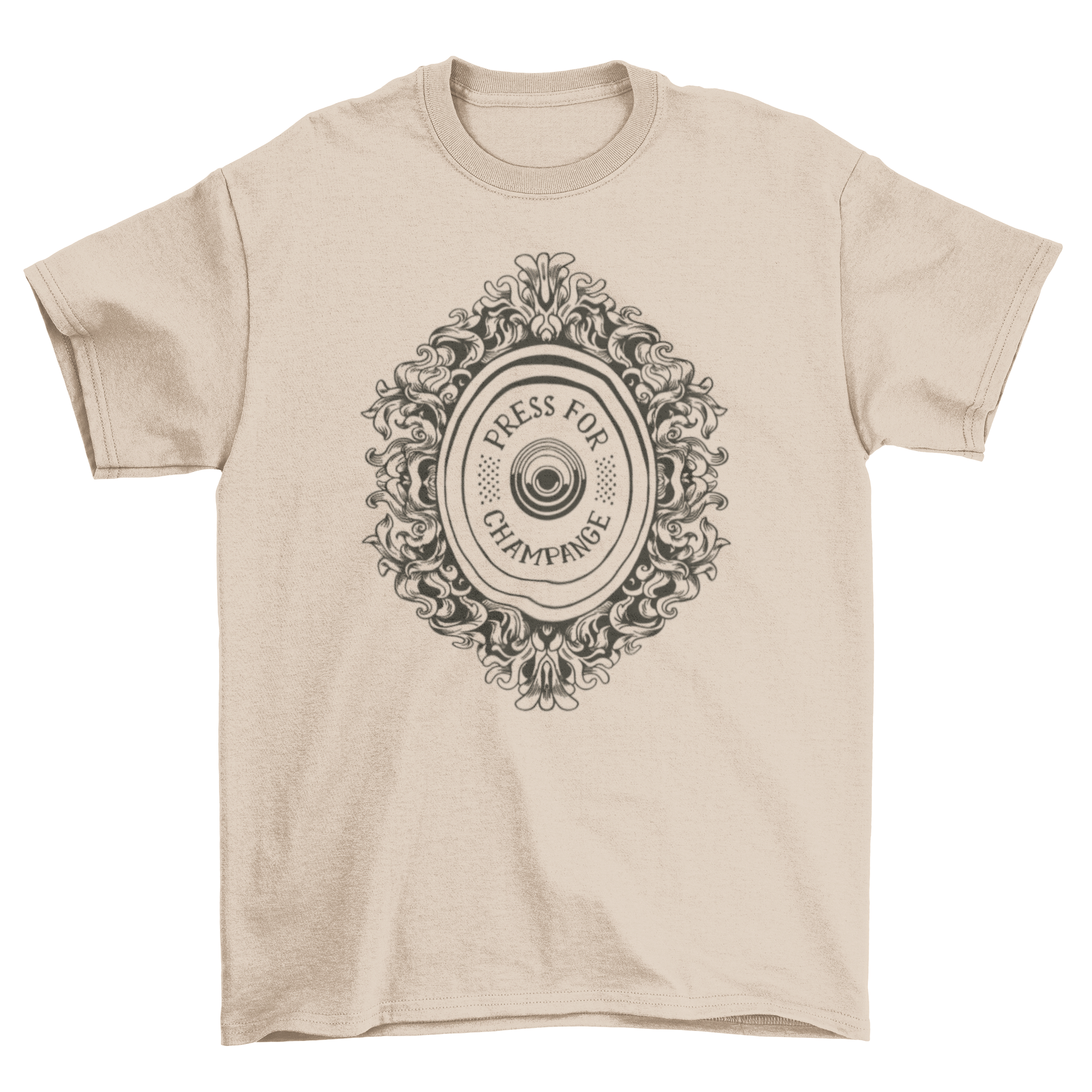 A stylish Vintage Champagne Button T-Shirt featuring a unique champagne button design with decorative swirls, perfect for casual wear.