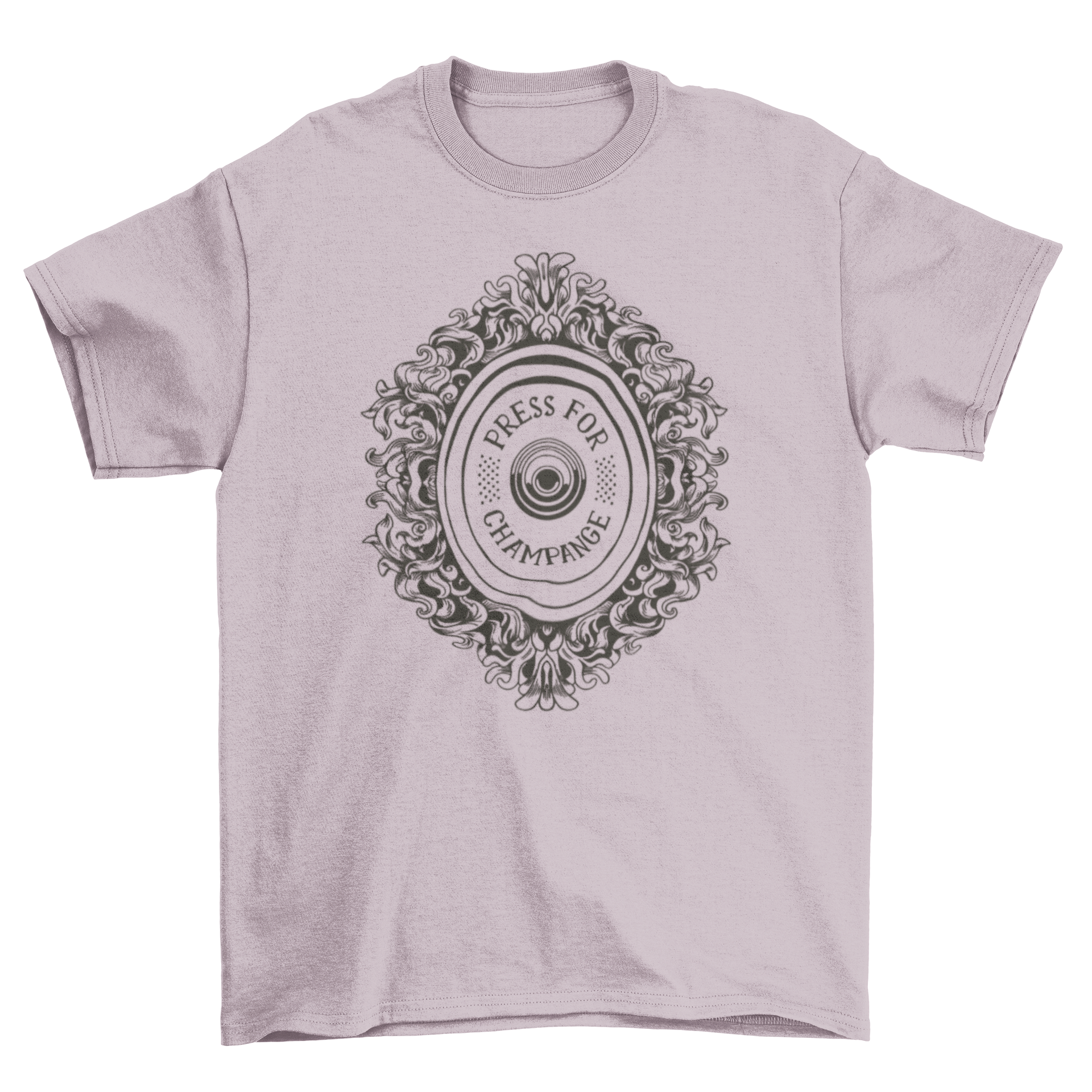 A stylish Vintage Champagne Button T-Shirt featuring a unique champagne button design with decorative swirls, perfect for casual wear.