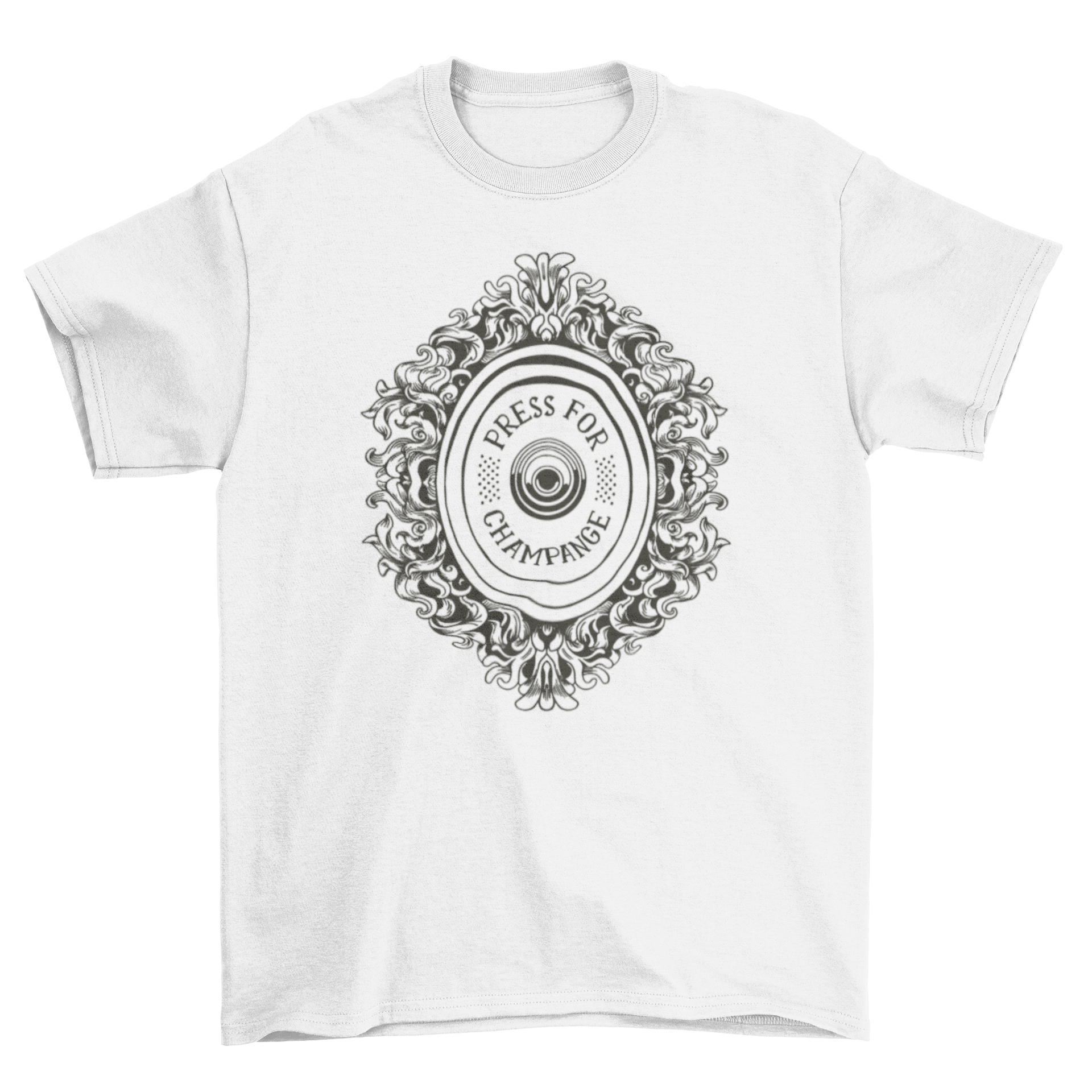 A stylish Vintage Champagne Button T-Shirt featuring a unique champagne button design with decorative swirls, perfect for casual wear.