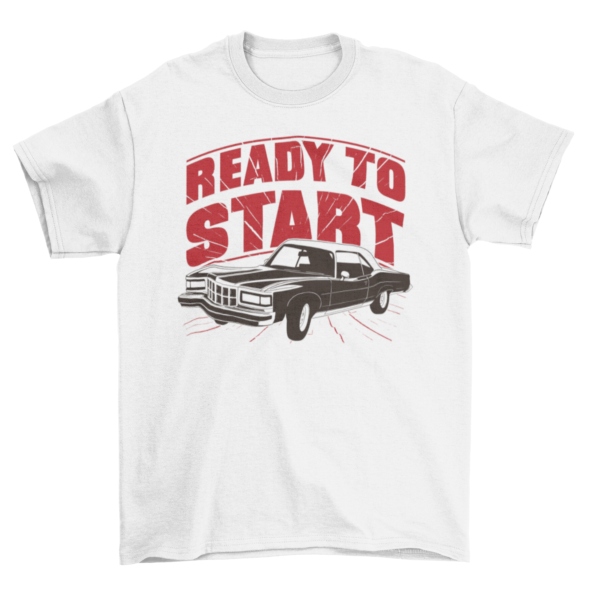 Vintage classic car t-shirt design featuring high contrast graphics and the quote 'Ready to start'.