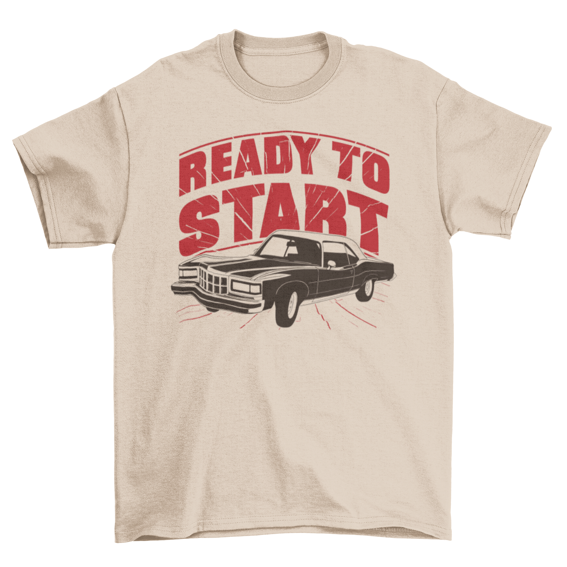 Vintage classic car t-shirt design featuring high contrast graphics and the quote 'Ready to start'.