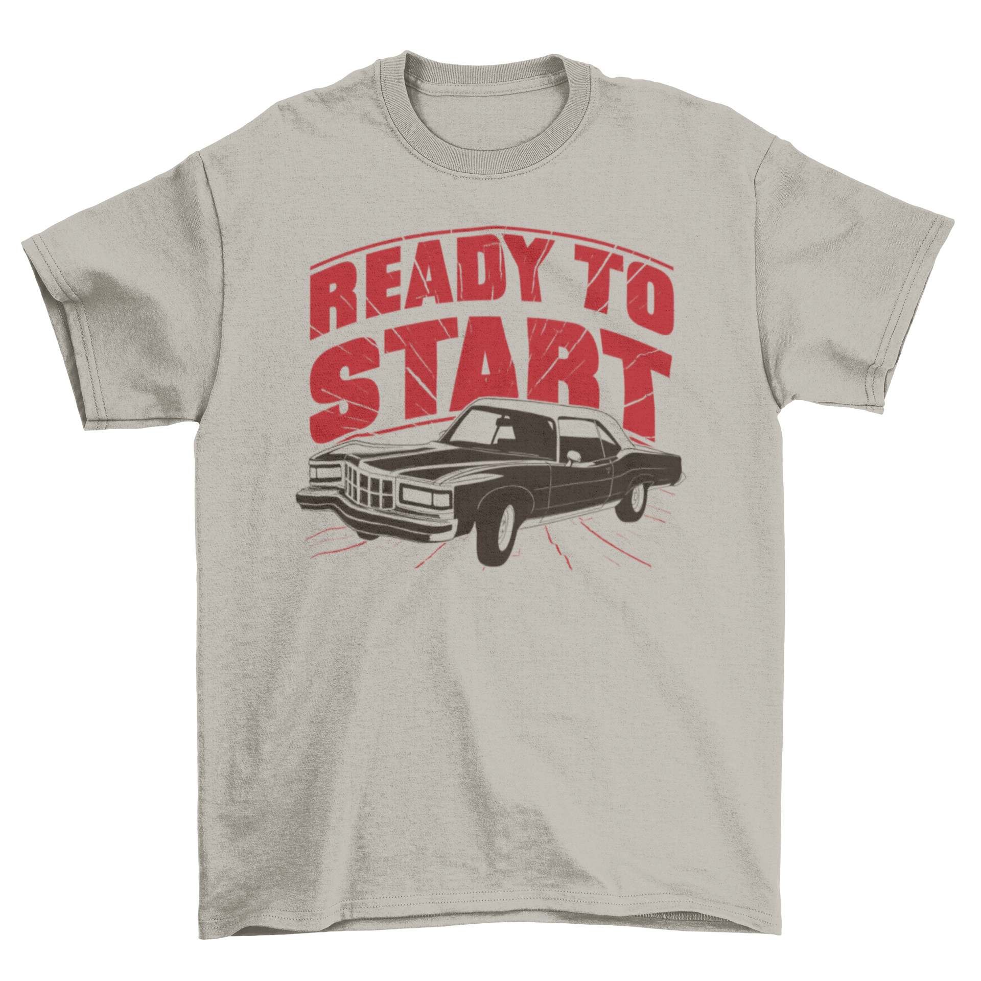 Vintage classic car t-shirt design featuring high contrast graphics and the quote 'Ready to start'.