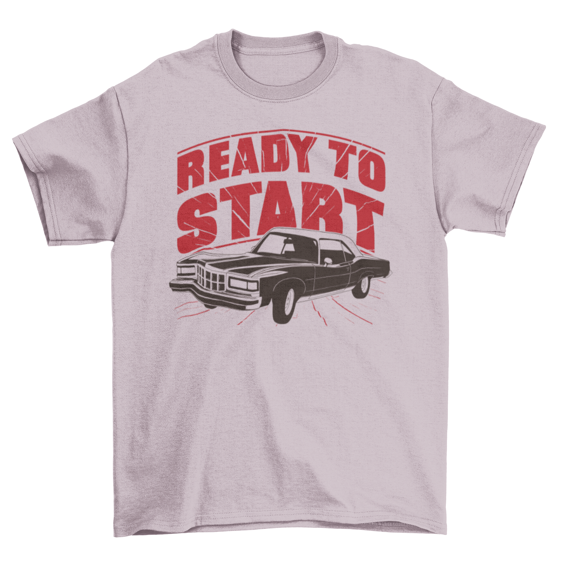 Vintage classic car t-shirt design featuring high contrast graphics and the quote 'Ready to start'.