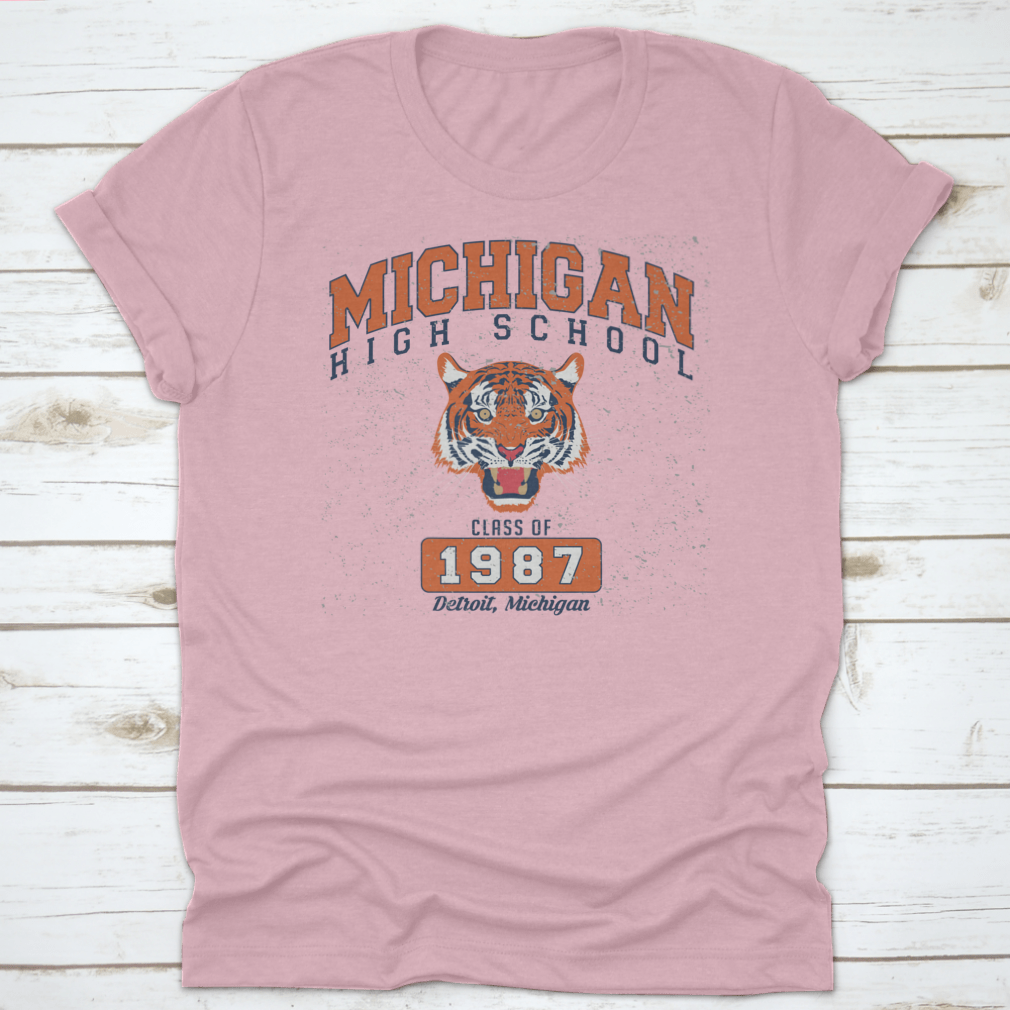 Vintage College Varsity Michigan High School Slogan Print featuring a fierce tiger design on a comfortable cotton fabric.